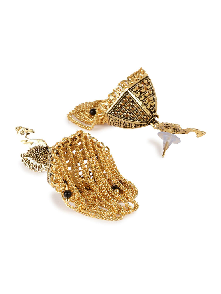 Women's Gold Plated & Black Enamelled Peacock Shaped Jhumkas