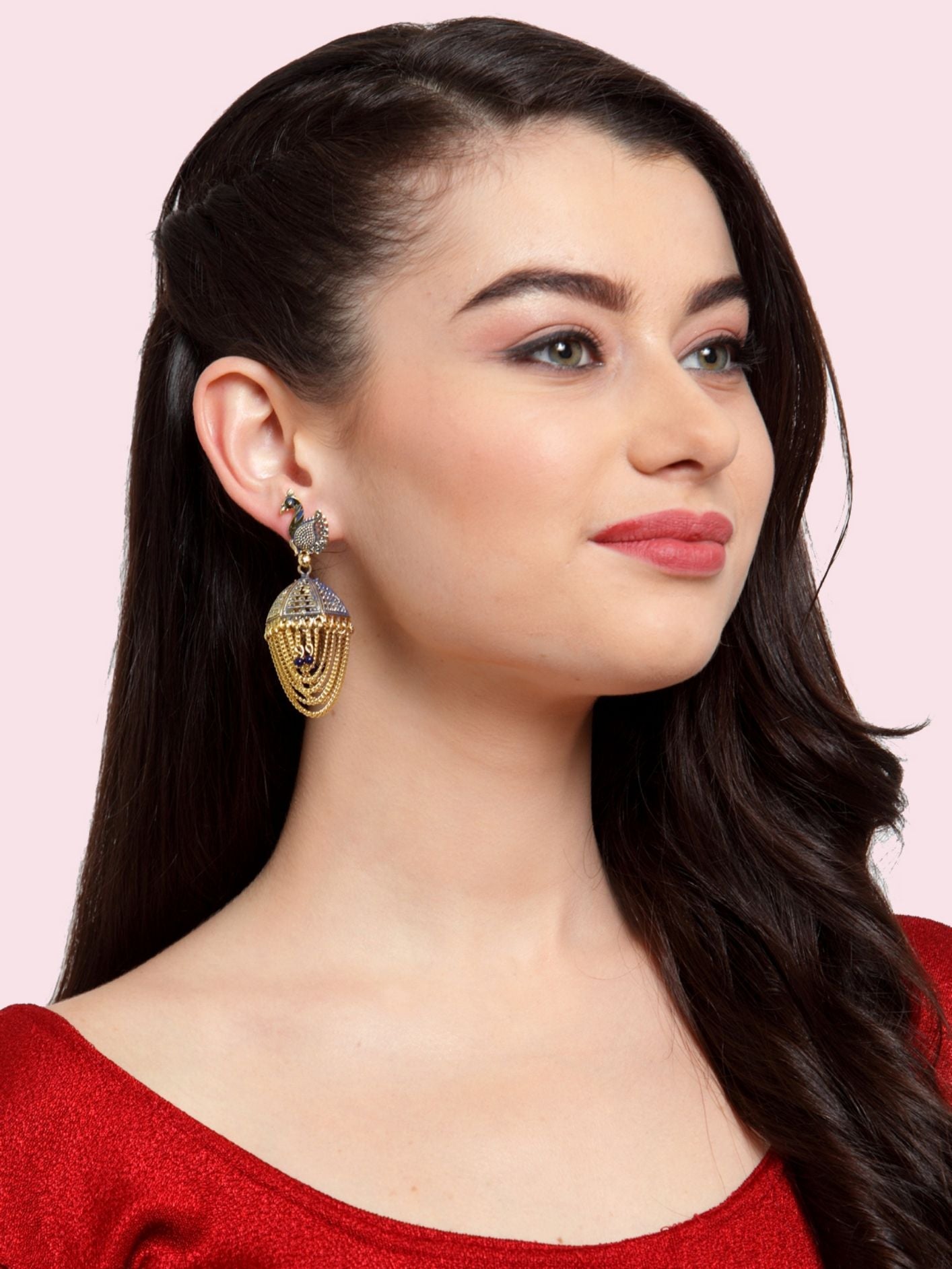Women's Gold-Plated Enamelled Tasselled With Chain Strings Jhumki / Jhumka-Onesize-Blue