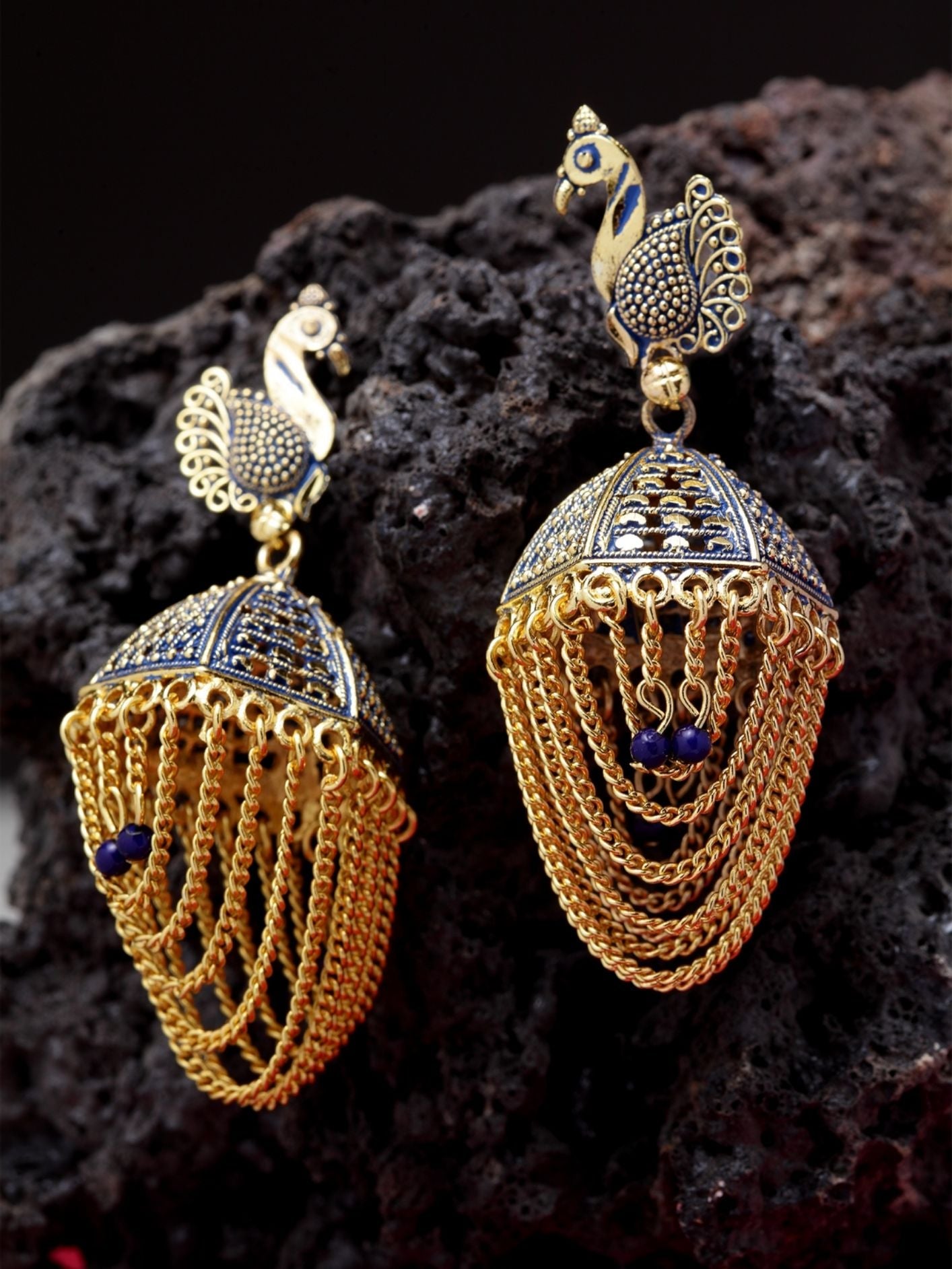 Women's Gold-Plated Enamelled Tasselled With Chain Strings Jhumki / Jhumka-Onesize-Blue