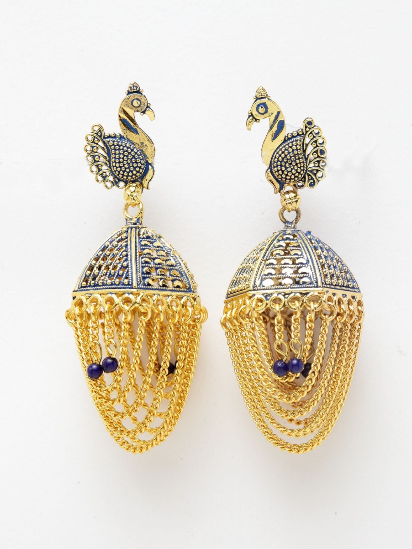 Women's Gold-Plated Enamelled Tasselled With Chain Strings Jhumki / Jhumka-Onesize-Blue
