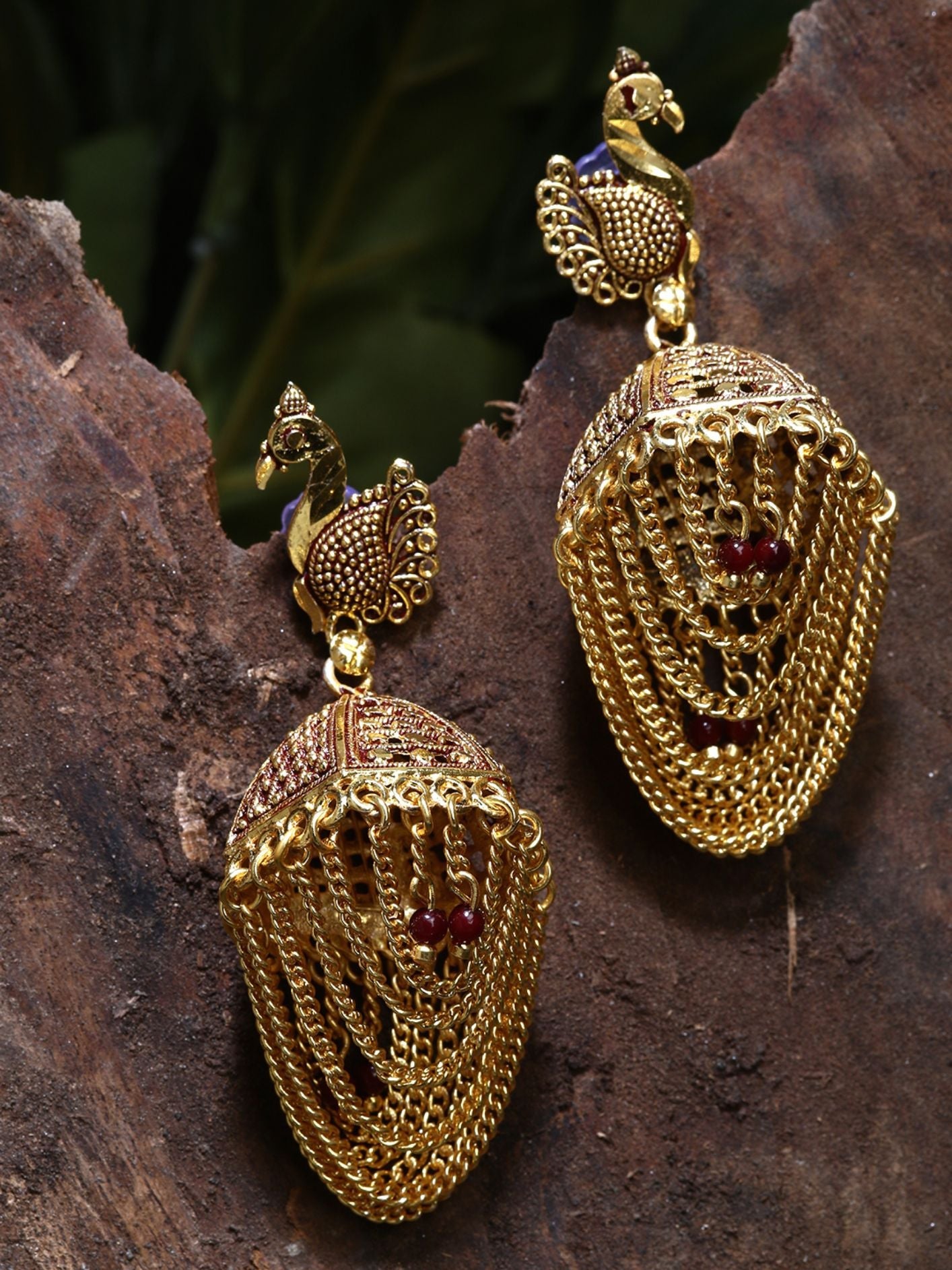 Women's Gold Plated & Maroon Enamelled Peacock Shaped Jhumkas