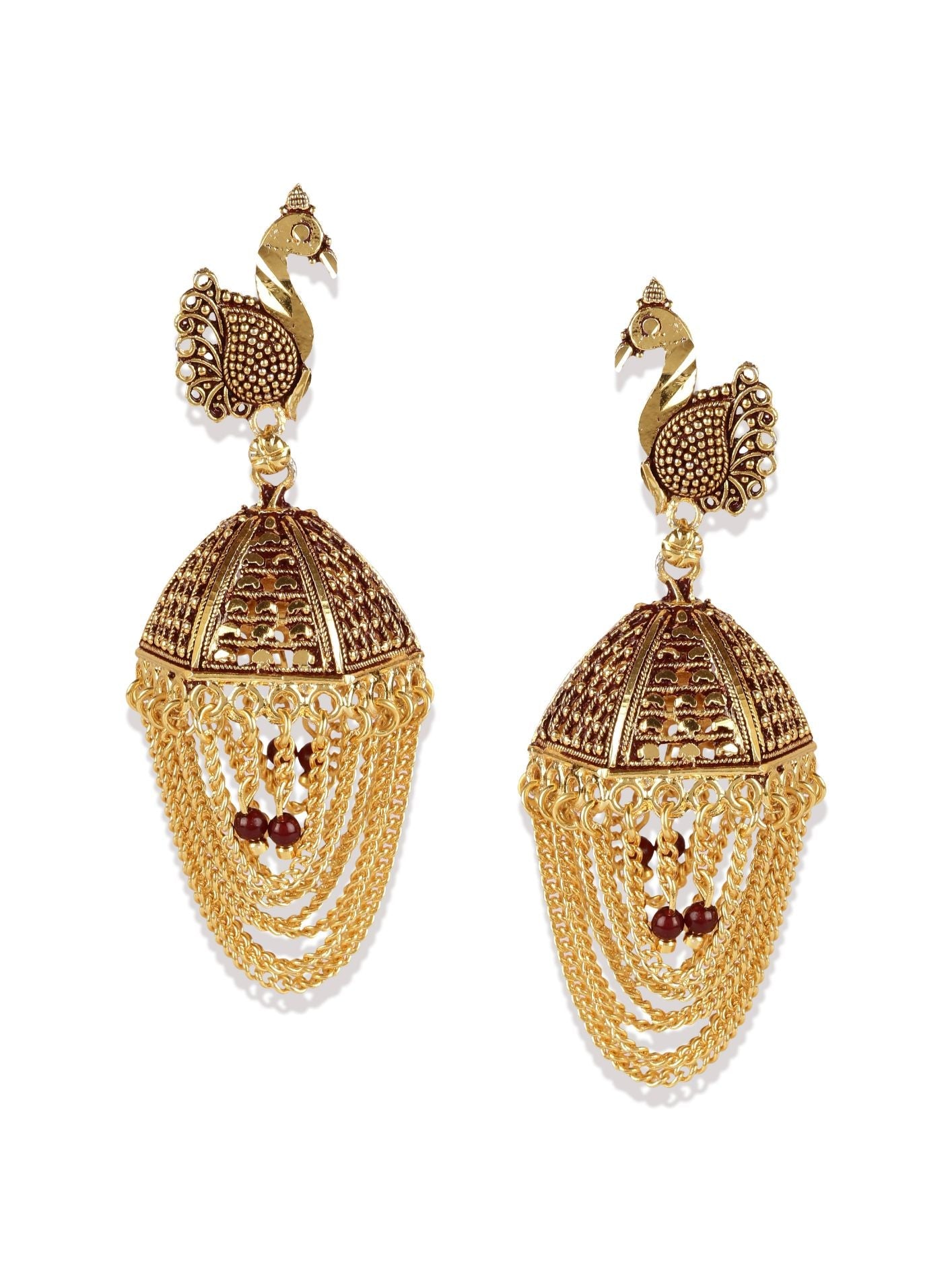 Women's Gold Plated & Maroon Enamelled Peacock Shaped Jhumkas