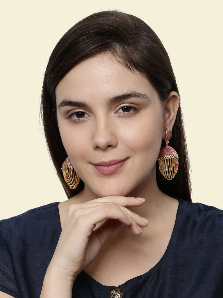 Women's Gold Plated & Pink Enamelled Peacock Shaped Jhumkas