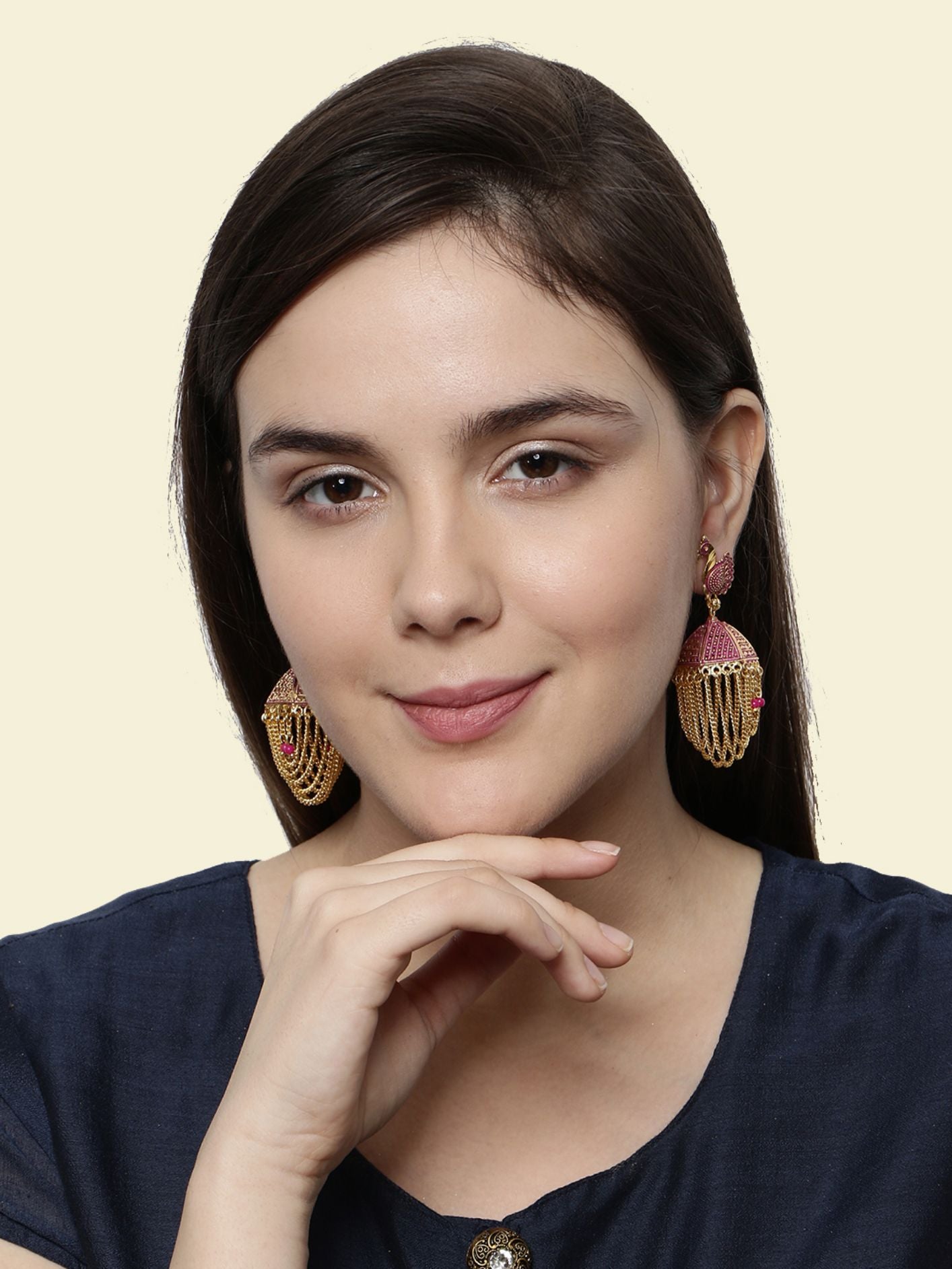 Women's Gold Plated & Pink Enamelled Peacock Shaped Jhumkas