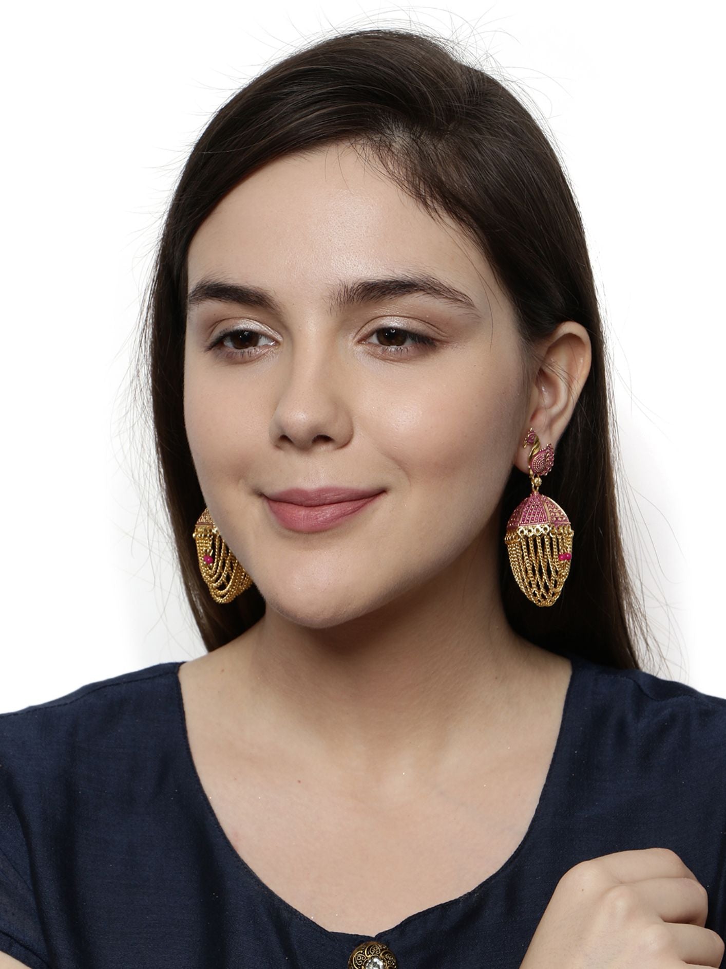 Women's Gold Plated & Pink Enamelled Peacock Shaped Jhumkas