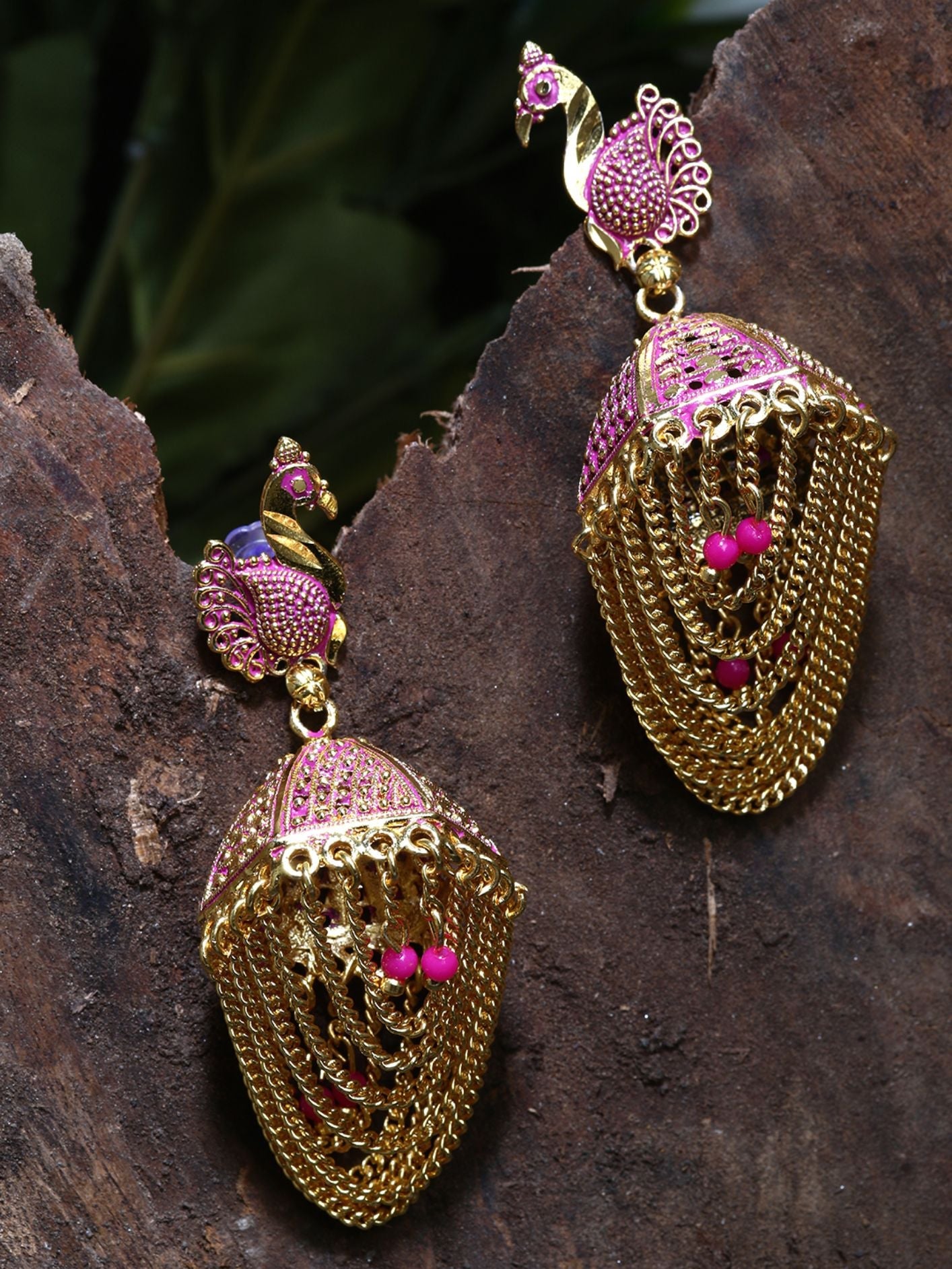 Women's Gold Plated & Pink Enamelled Peacock Shaped Jhumkas
