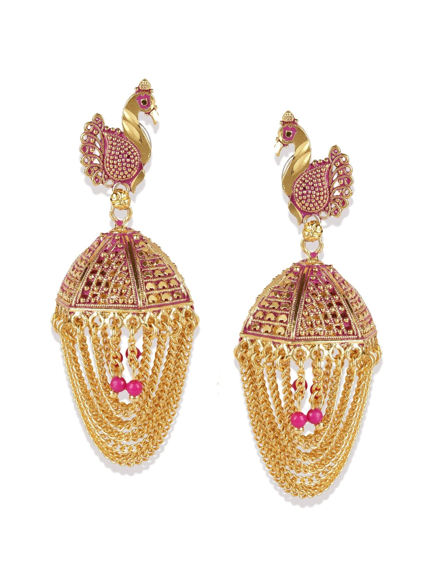 Women's Gold Plated & Pink Enamelled Peacock Shaped Jhumkas