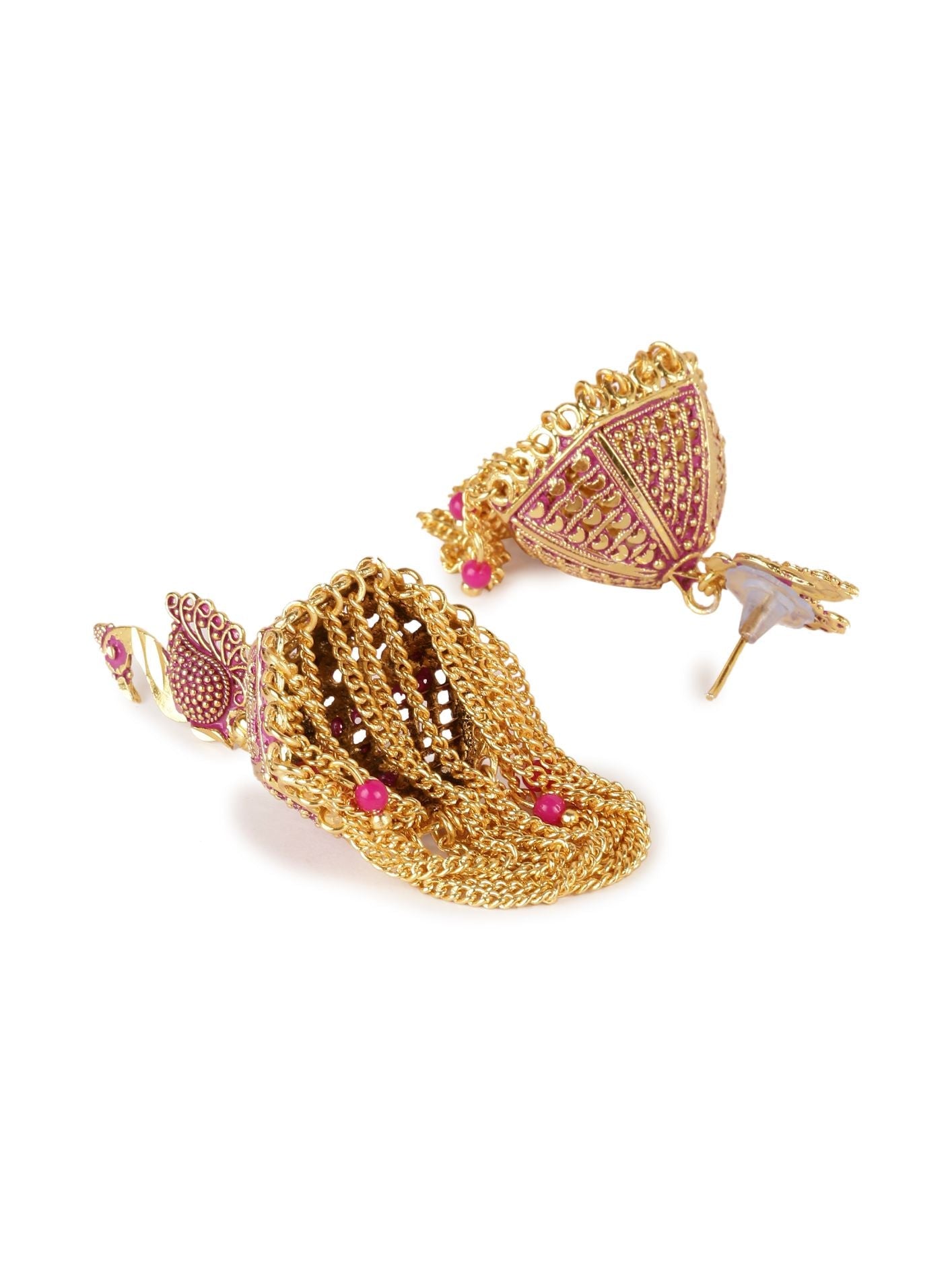 Women's Gold Plated & Pink Enamelled Peacock Shaped Jhumkas