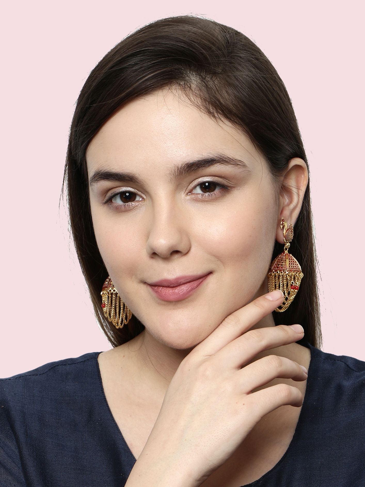 Women's Gold Plated & Red Peacock Shaped Enamelled Jhumkas