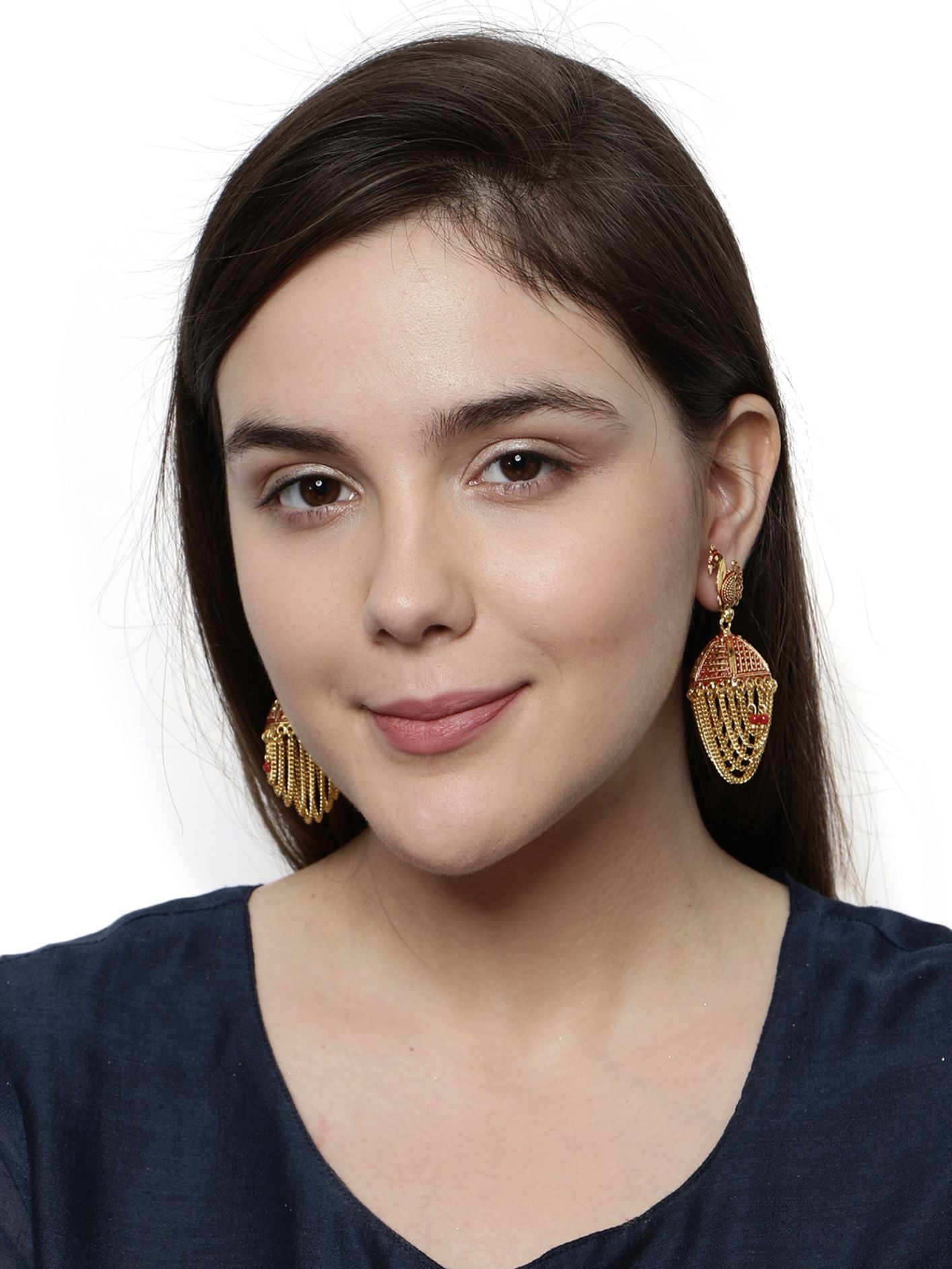 Women's Gold Plated & Red Peacock Shaped Enamelled Jhumkas
