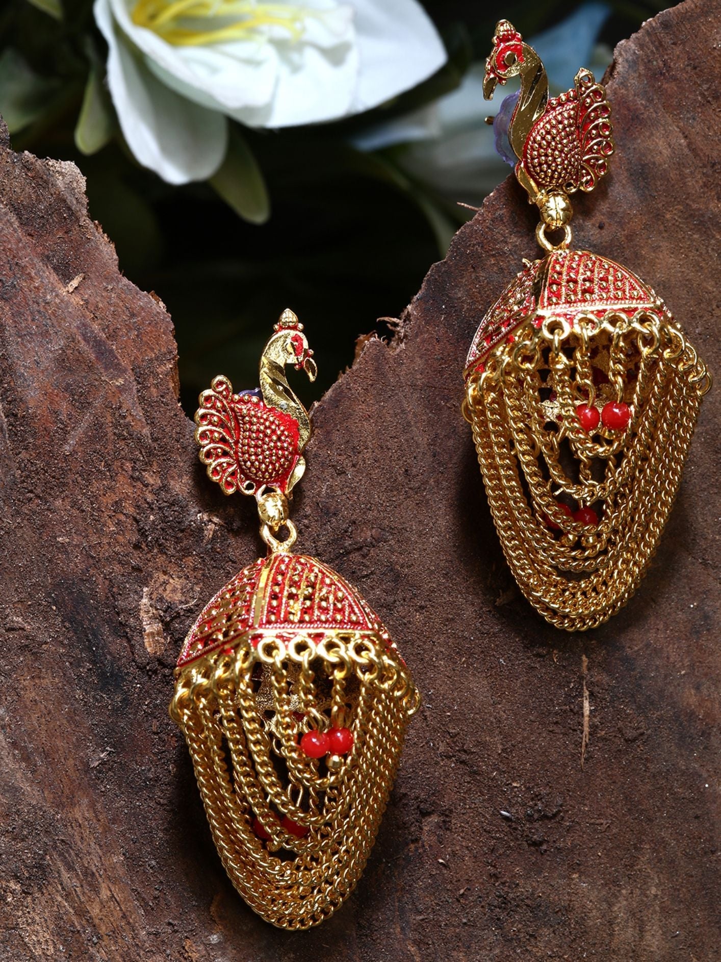 Women's Gold Plated & Red Peacock Shaped Enamelled Jhumkas
