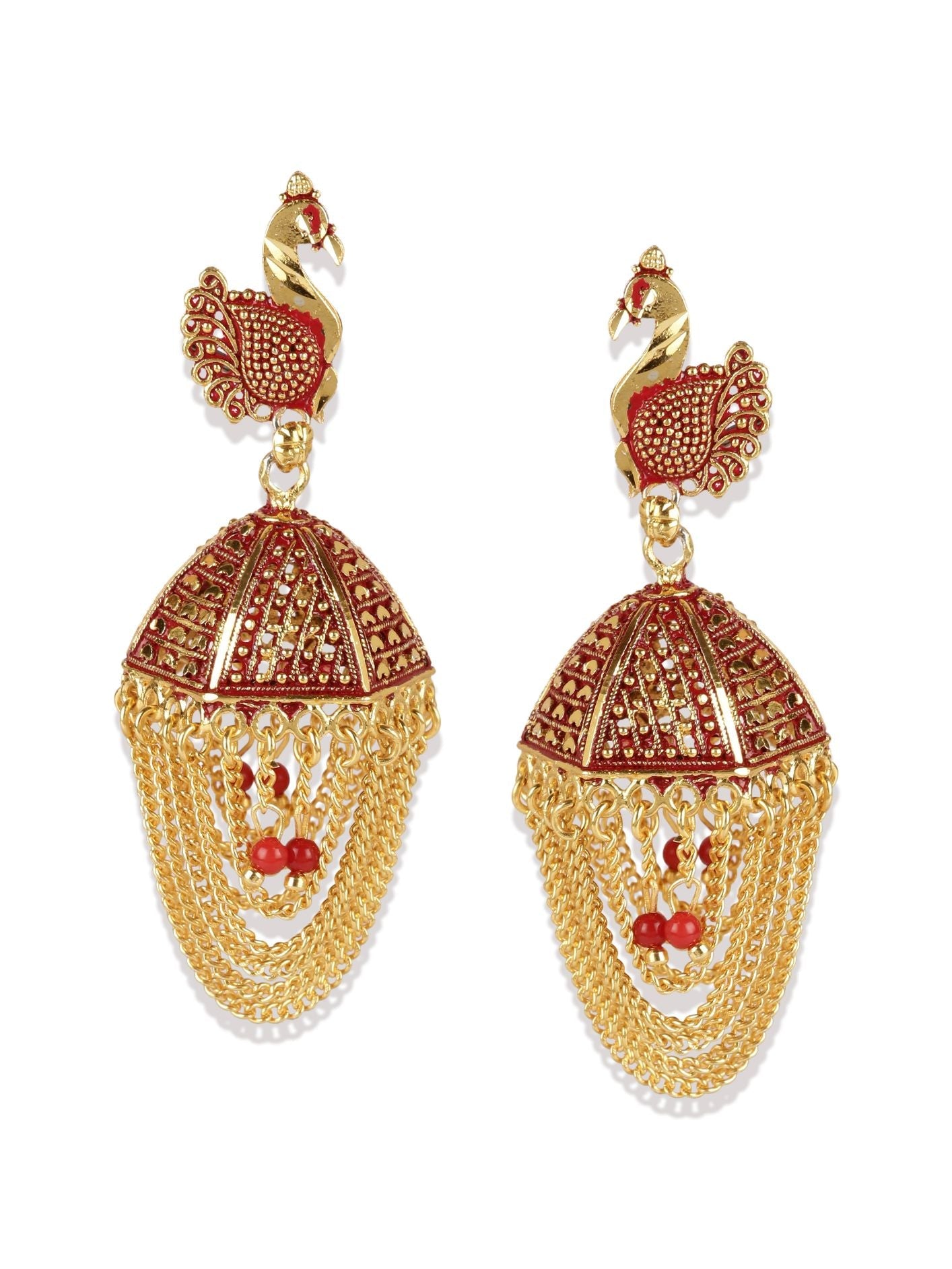 Women's Gold Plated & Red Peacock Shaped Enamelled Jhumkas