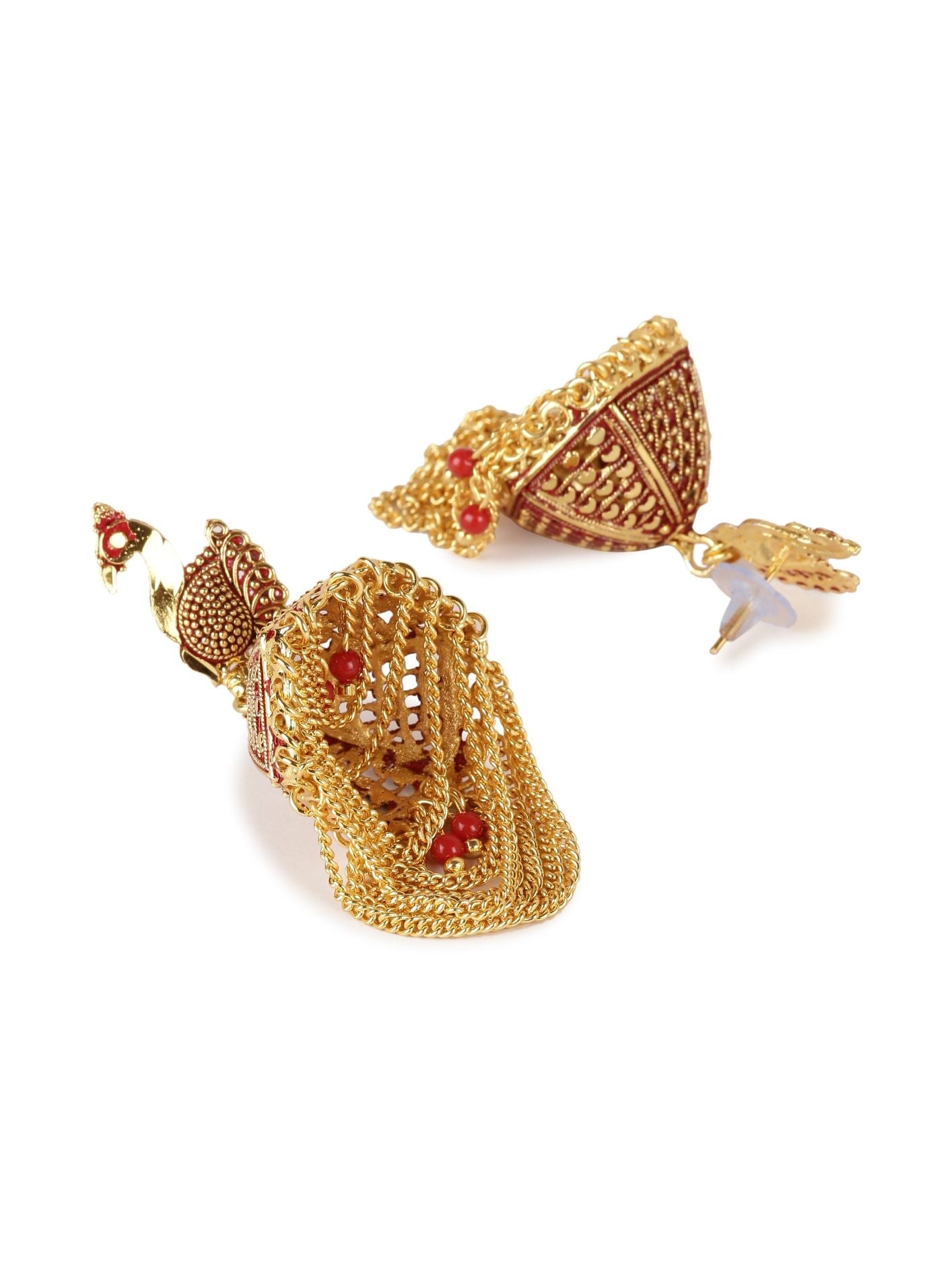 Women's Gold Plated & Red Peacock Shaped Enamelled Jhumkas