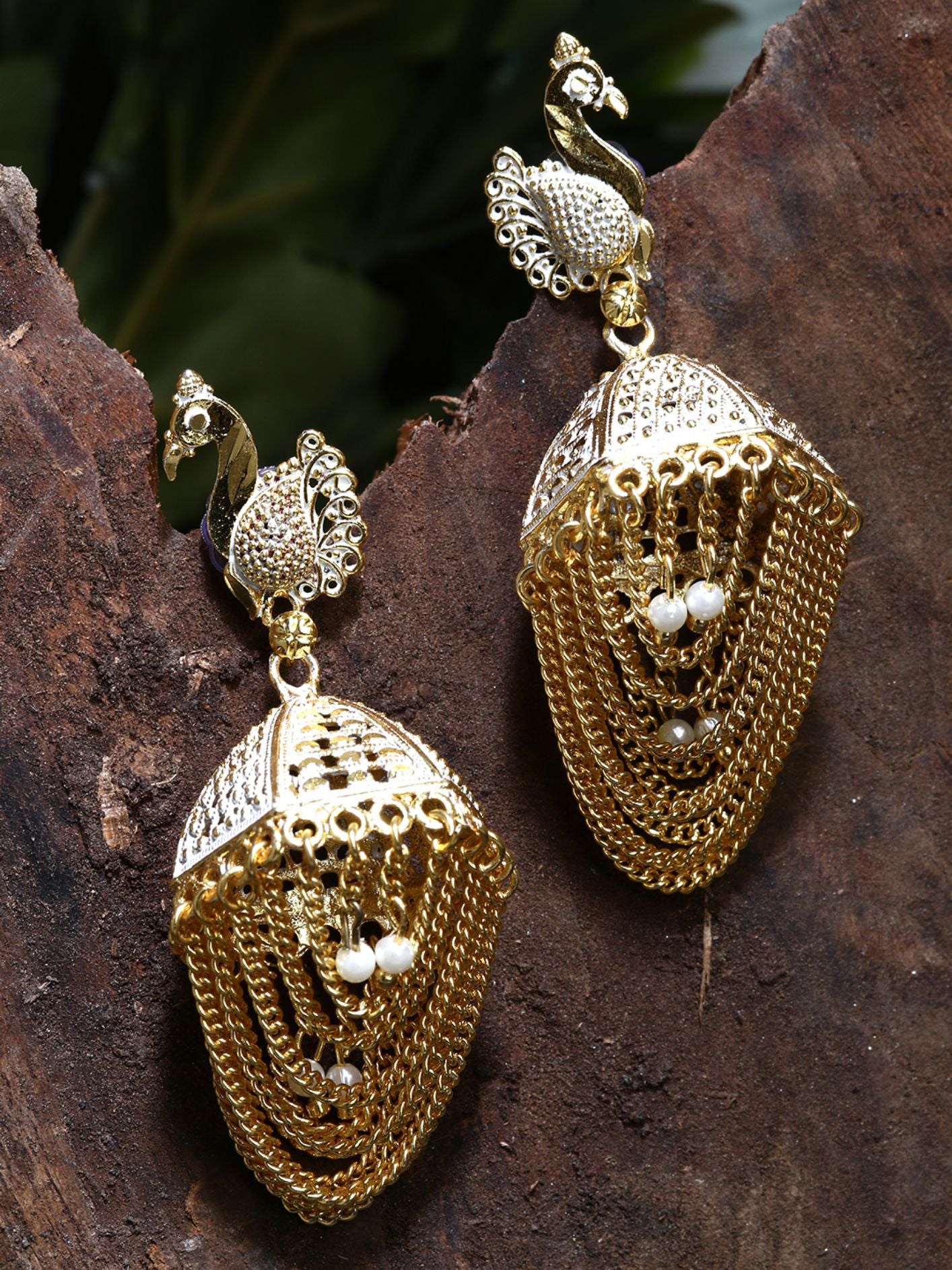 Women's Gold Plated & White Enamelled Peacock Shaped Jhumkas - Anikas Creation