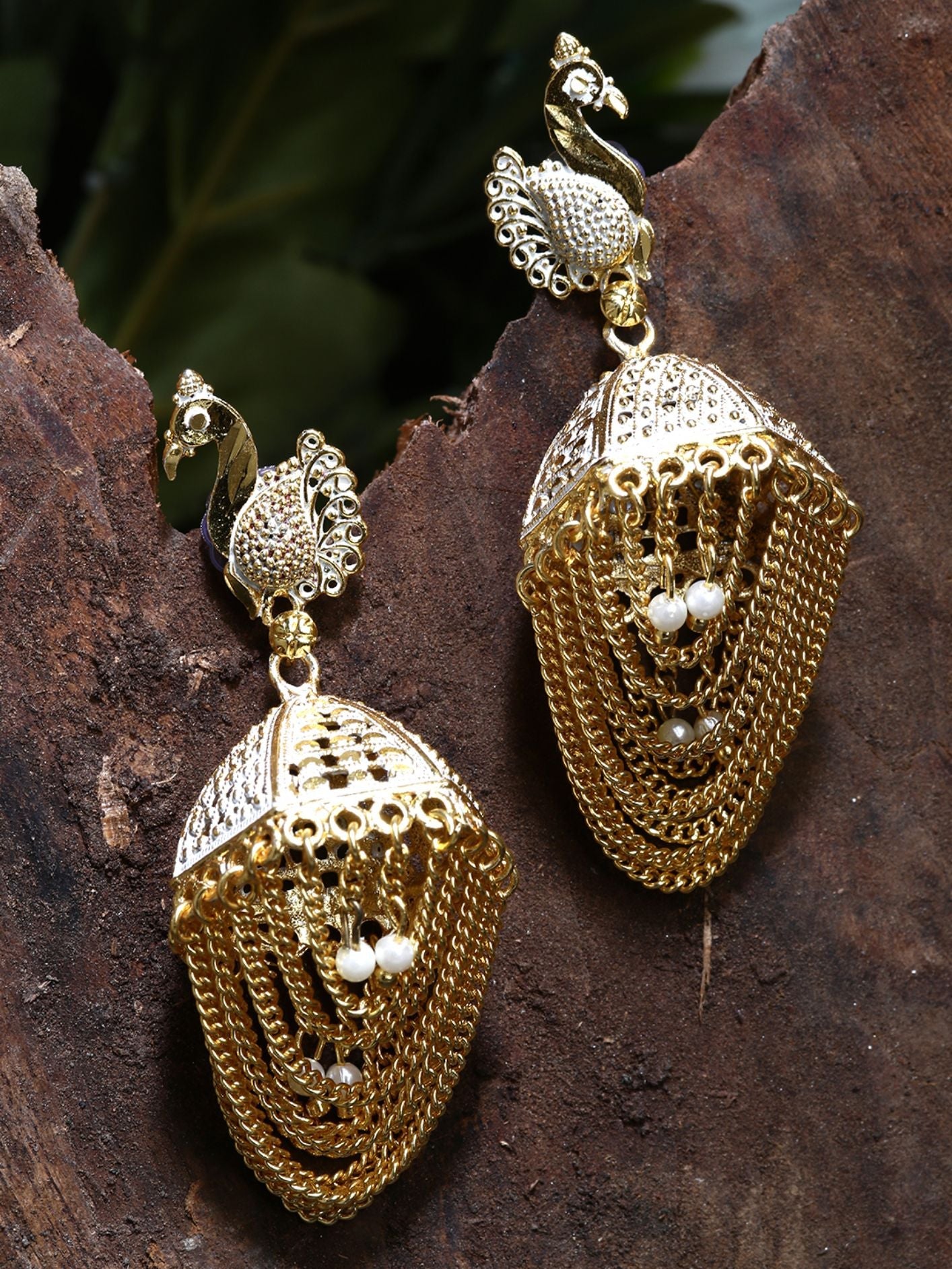 Women's Gold Plated & White Enamelled Peacock Shaped Jhumkas