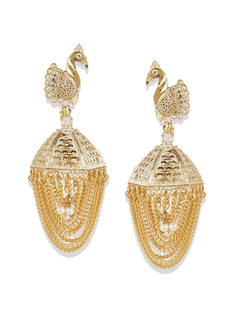 Women's Gold Plated & White Enamelled Peacock Shaped Jhumkas