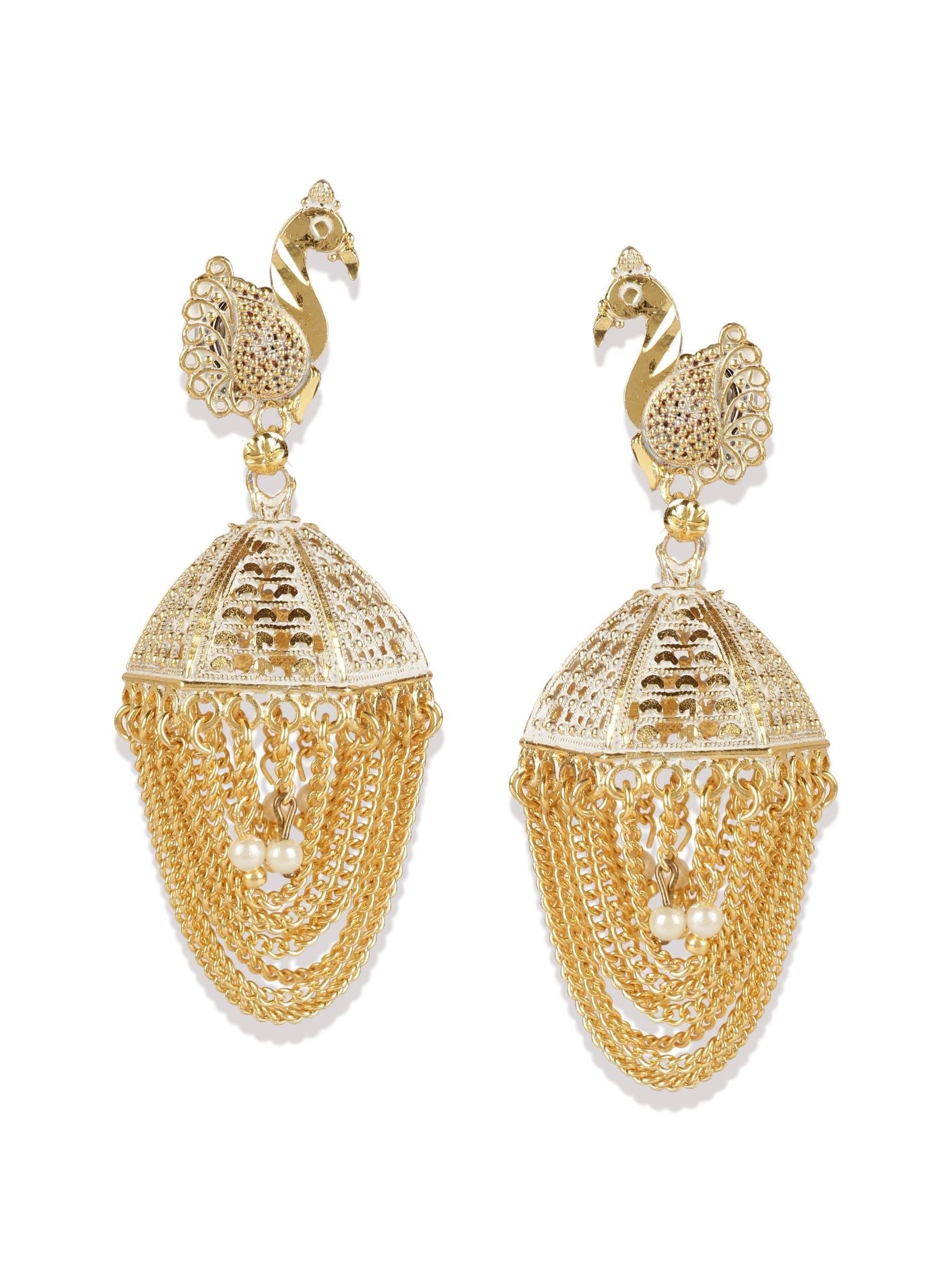 Women's Gold Plated & White Enamelled Peacock Shaped Jhumkas