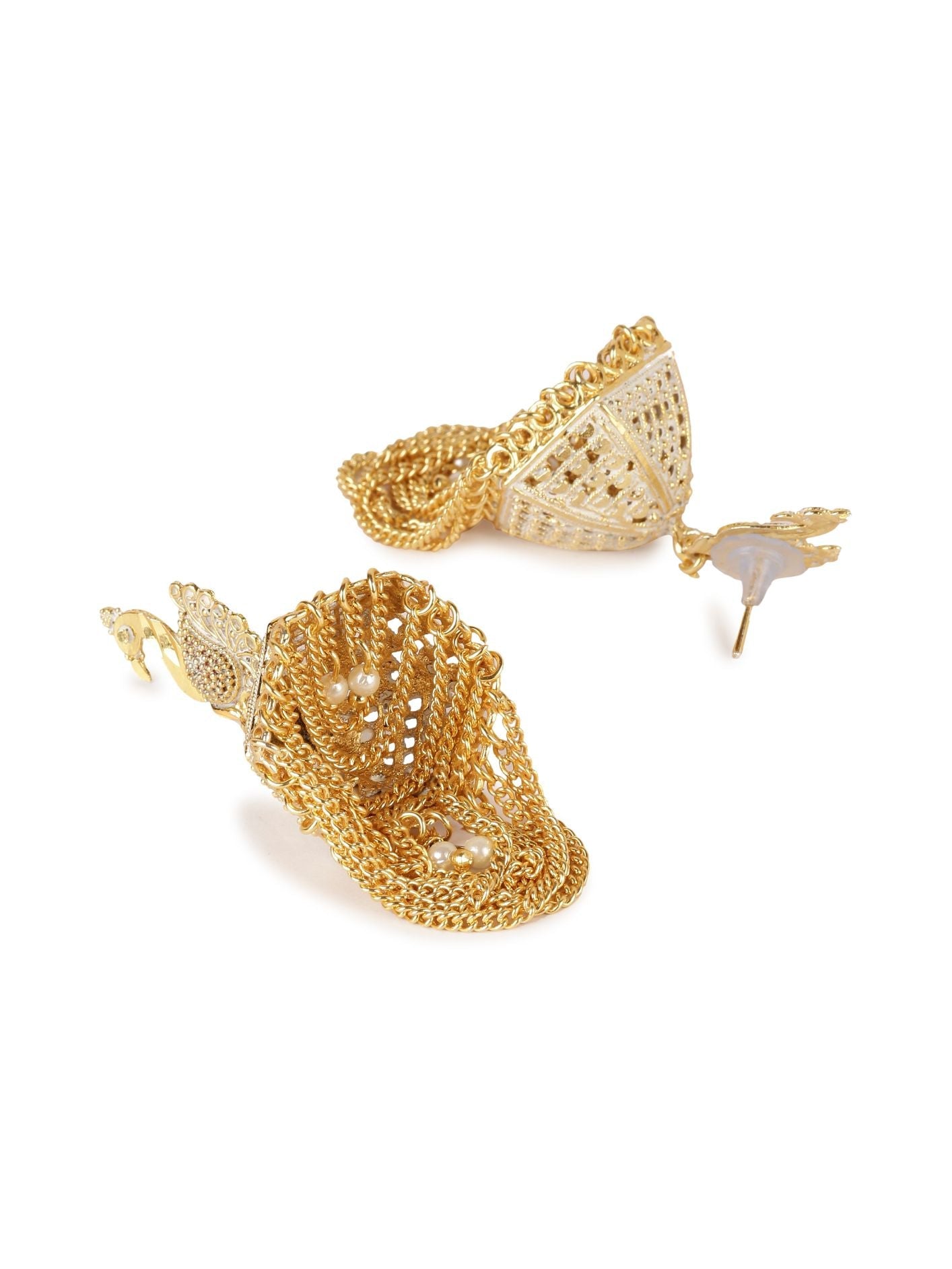 Women's Gold Plated & White Enamelled Peacock Shaped Jhumkas