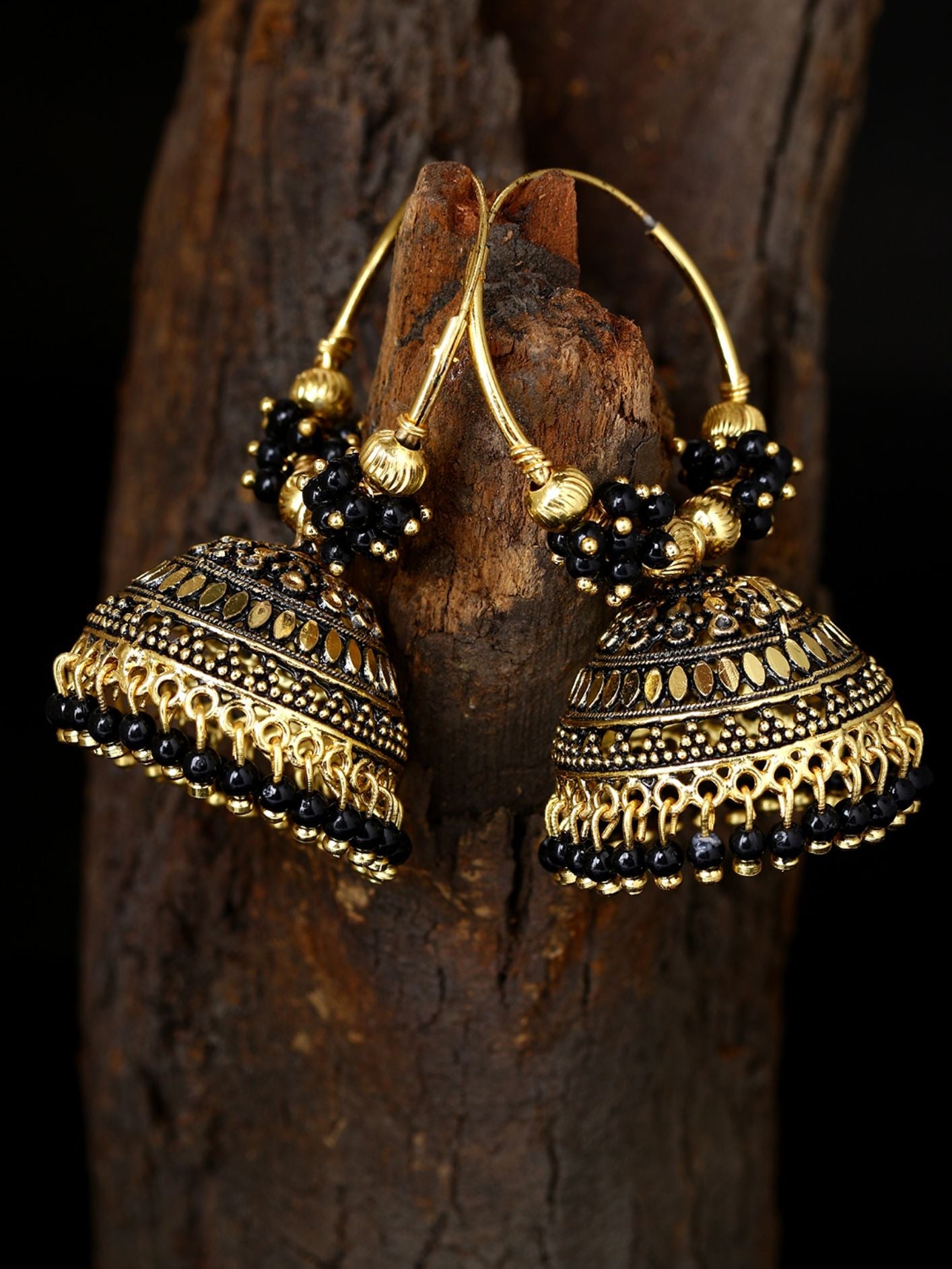 Women's Black & Gold-Plated Enamelled Dome Shaped Jhumkas