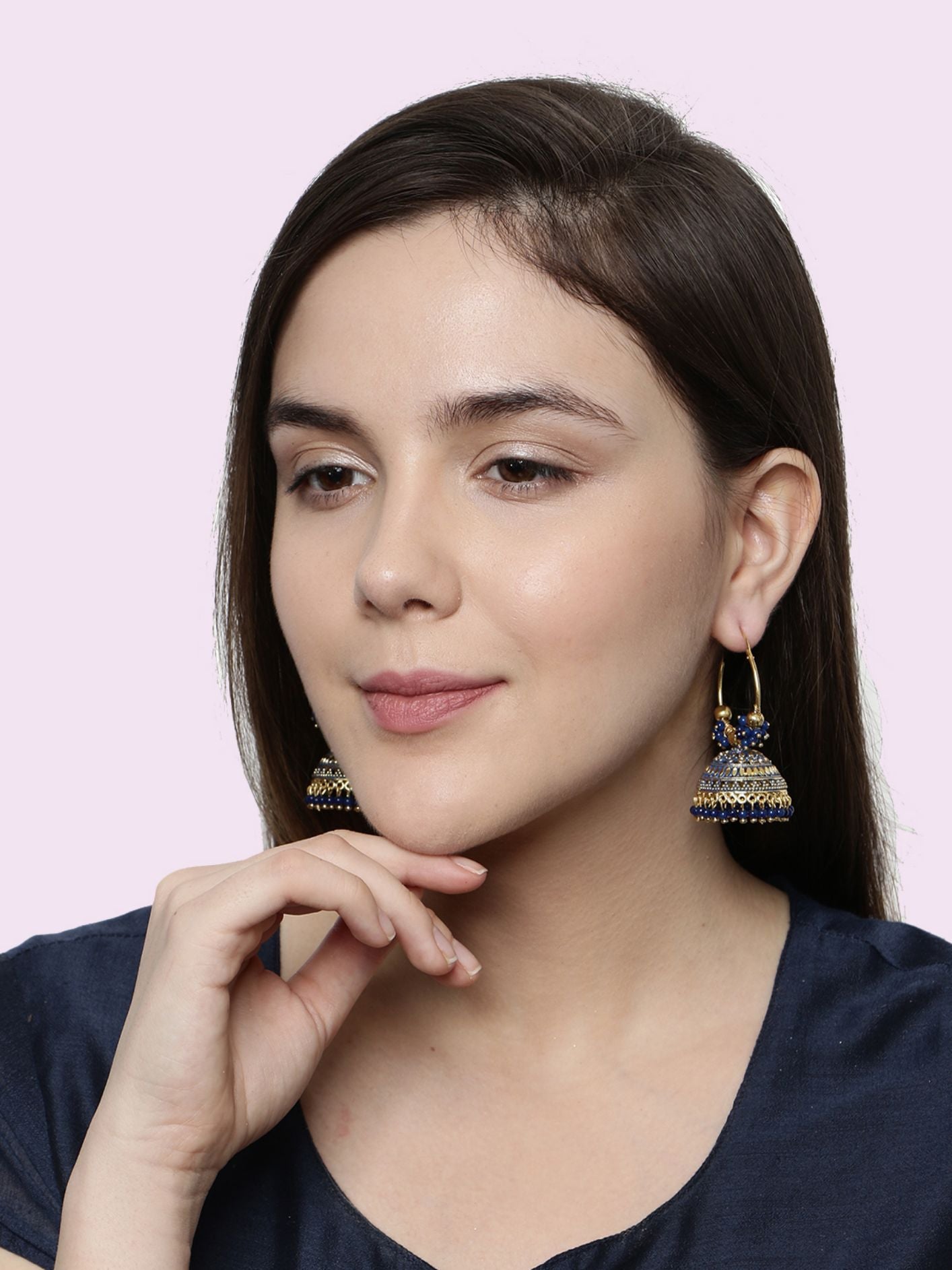 Women's Blue & Gold-Plated Enamelled Dome Shaped Jhumkas