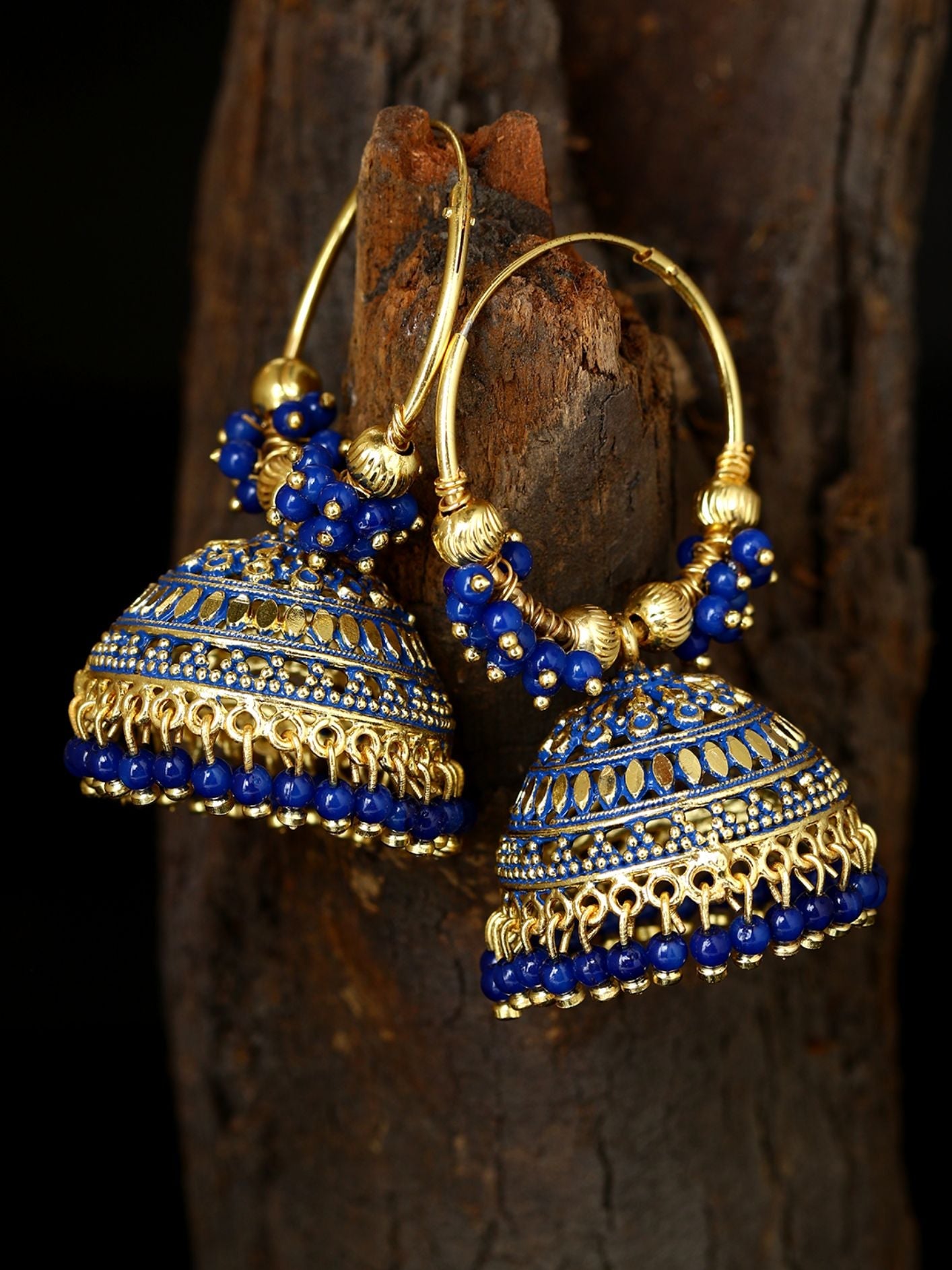 Women's Blue & Gold-Plated Enamelled Dome Shaped Jhumkas