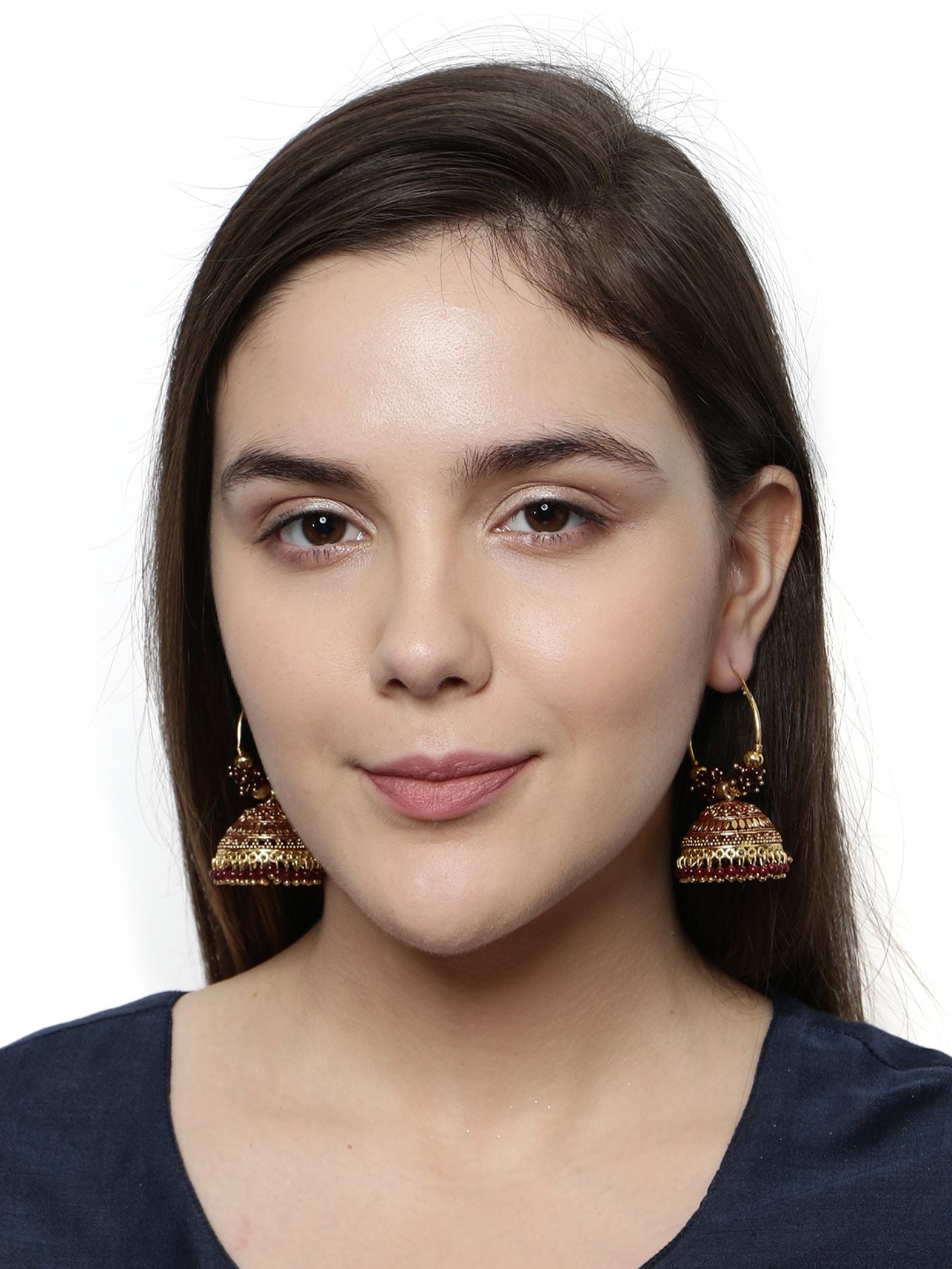 Women's Maroon & Gold-Plated Enamelled Dome Shaped Jhumkas