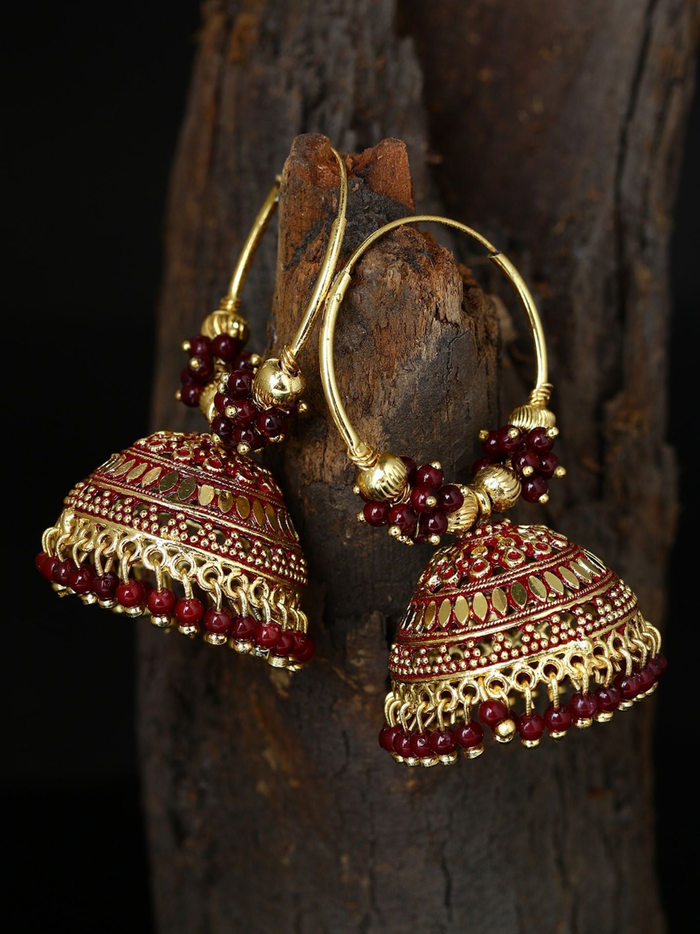 Women's Maroon & Gold-Plated Enamelled Dome Shaped Jhumkas