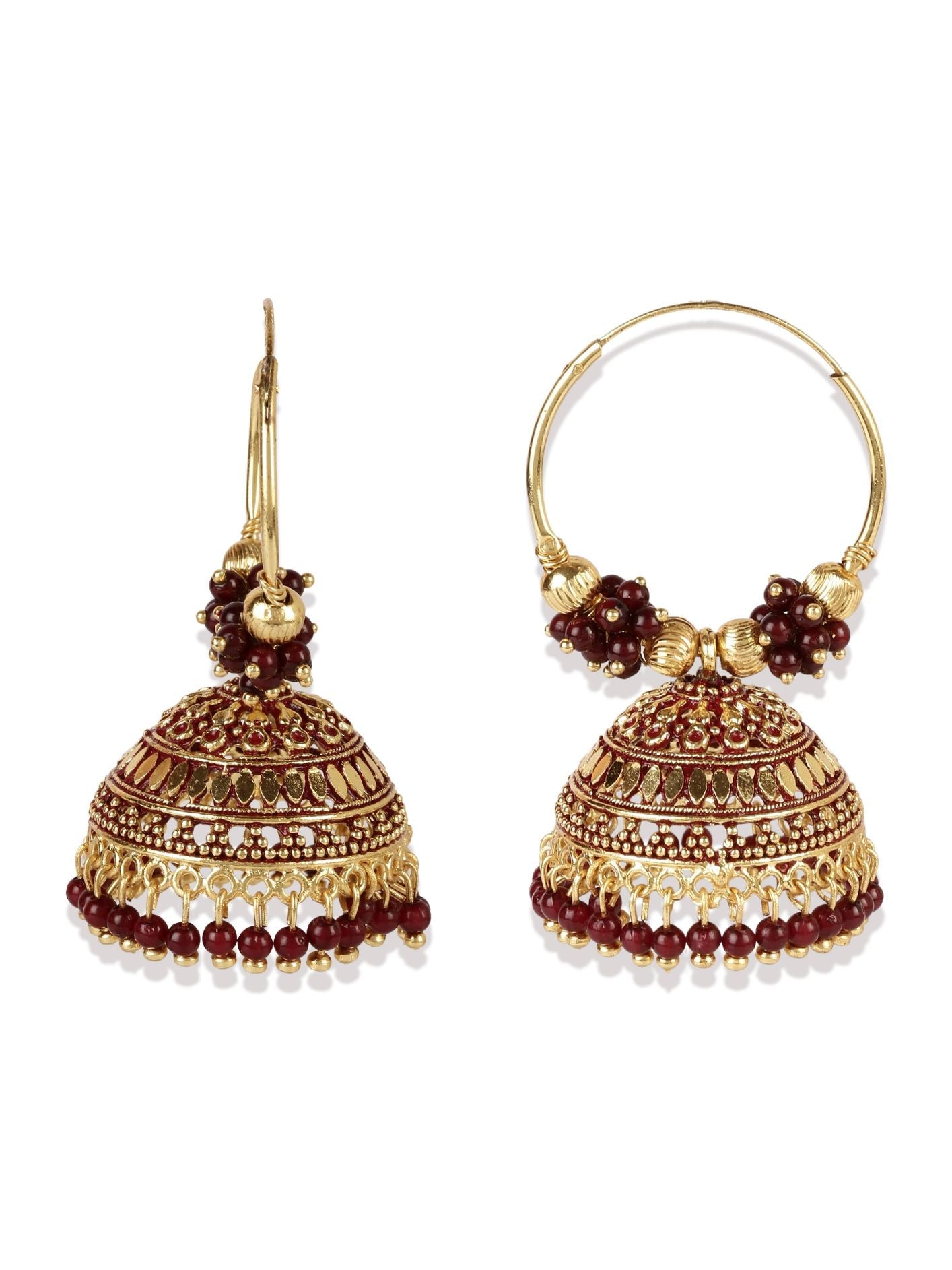 Women's Maroon & Gold-Plated Enamelled Dome Shaped Jhumkas