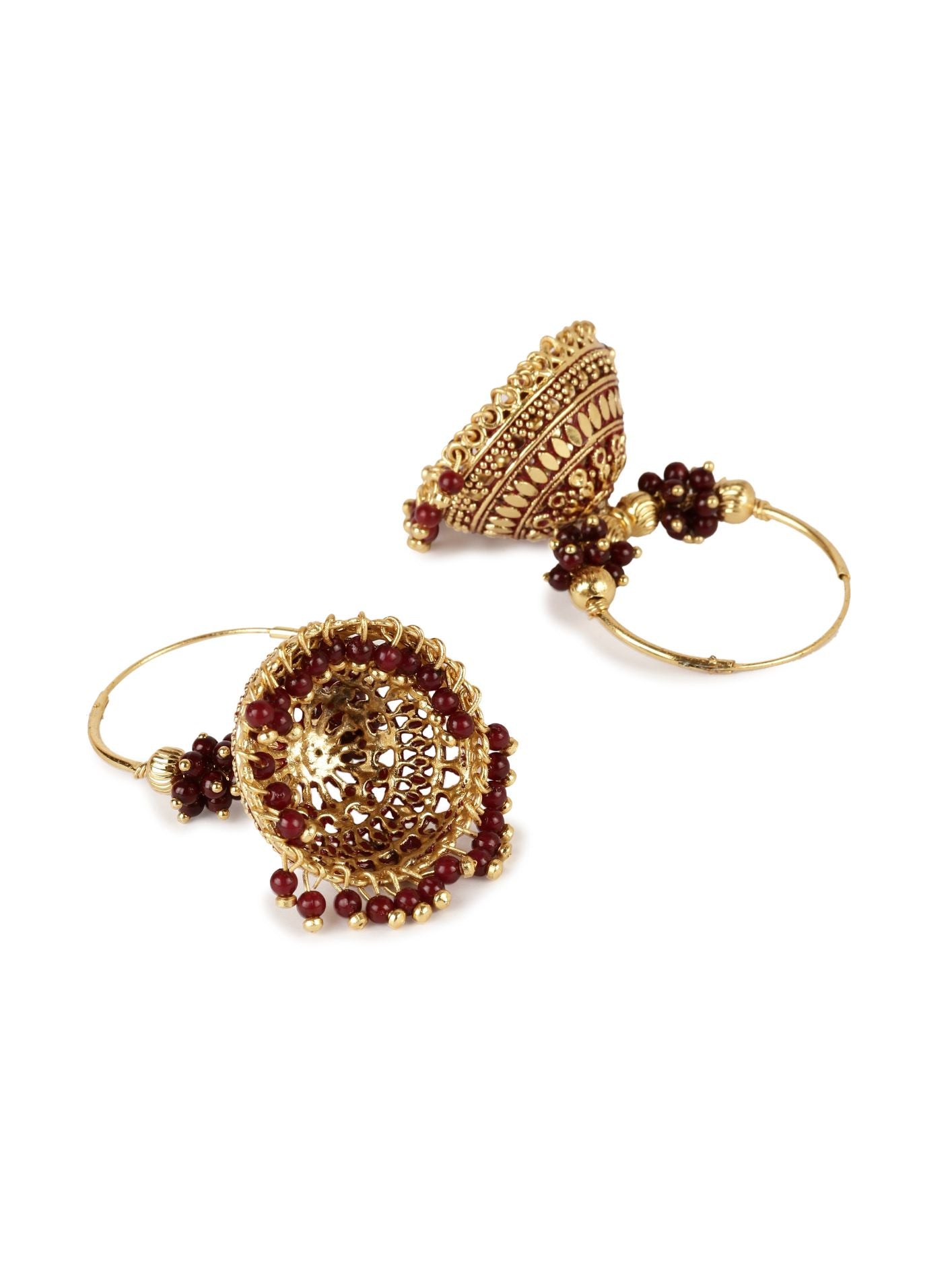 Women's Maroon & Gold-Plated Enamelled Dome Shaped Jhumkas