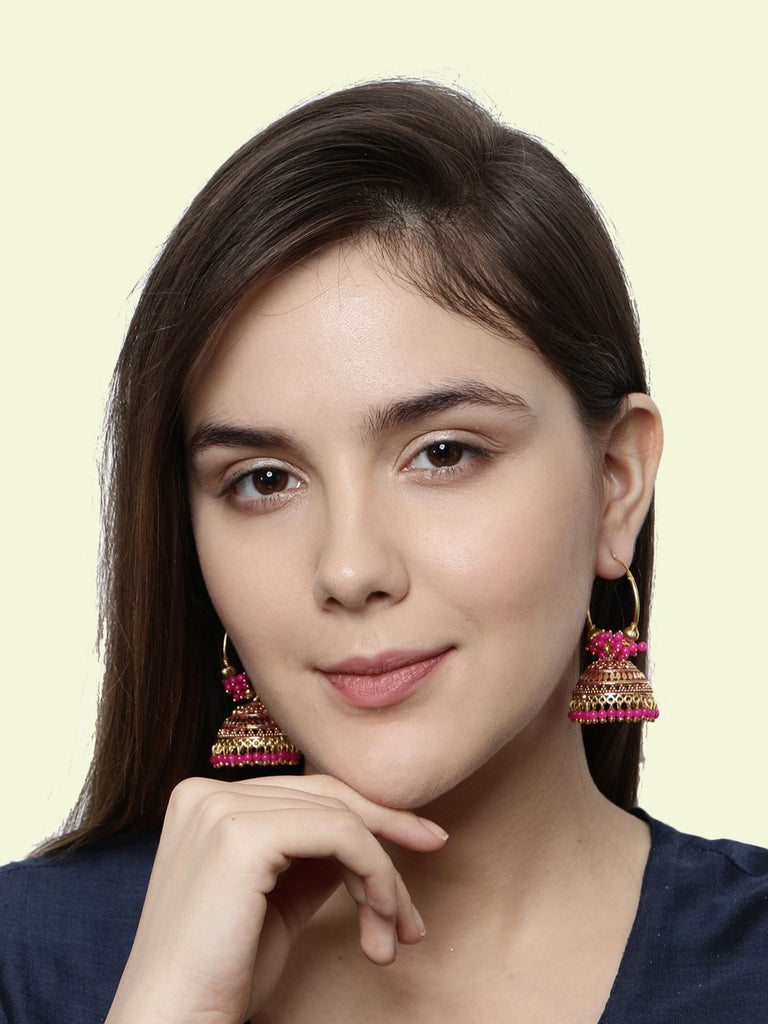 Women's Pink & Gold-Plated Enamelled Dome Shaped Jhumkas