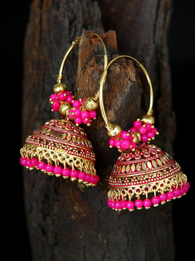 Women's Pink & Gold-Plated Enamelled Dome Shaped Jhumkas