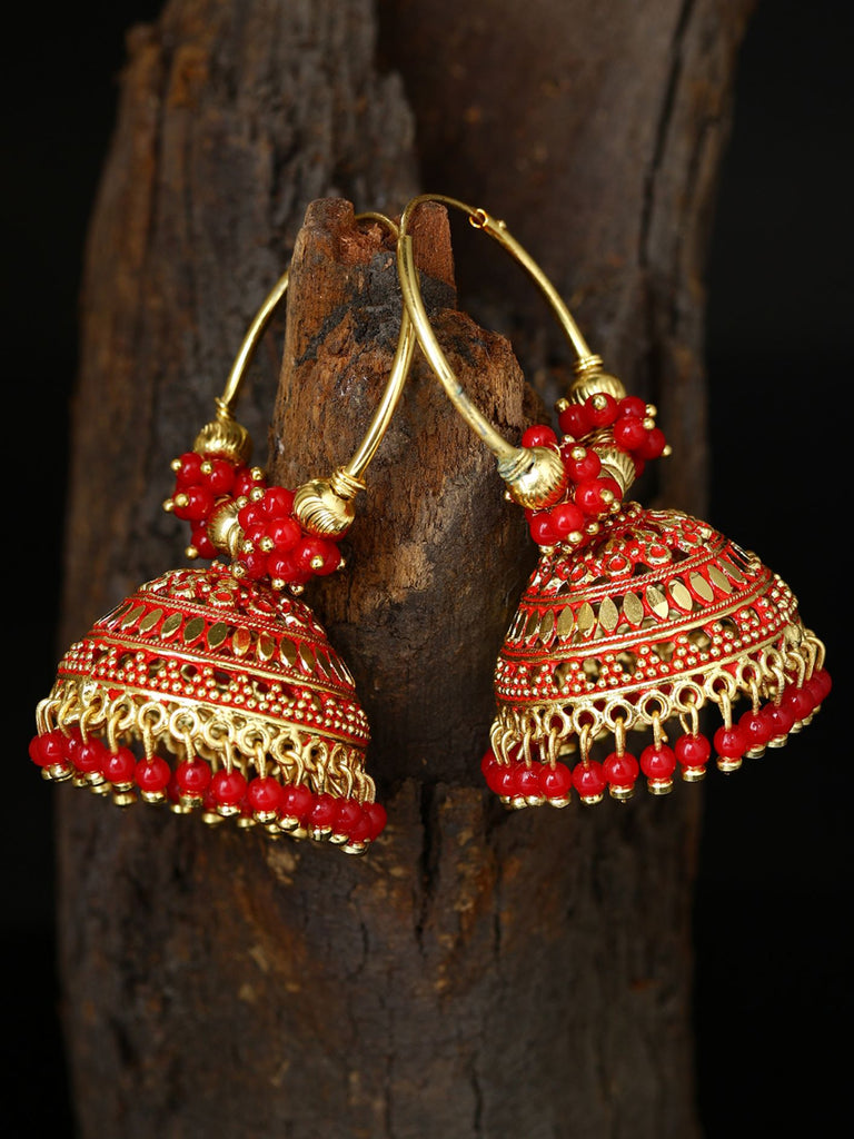 Women's Red & Gold-Plated Enamelled Dome Shaped Jhumkas