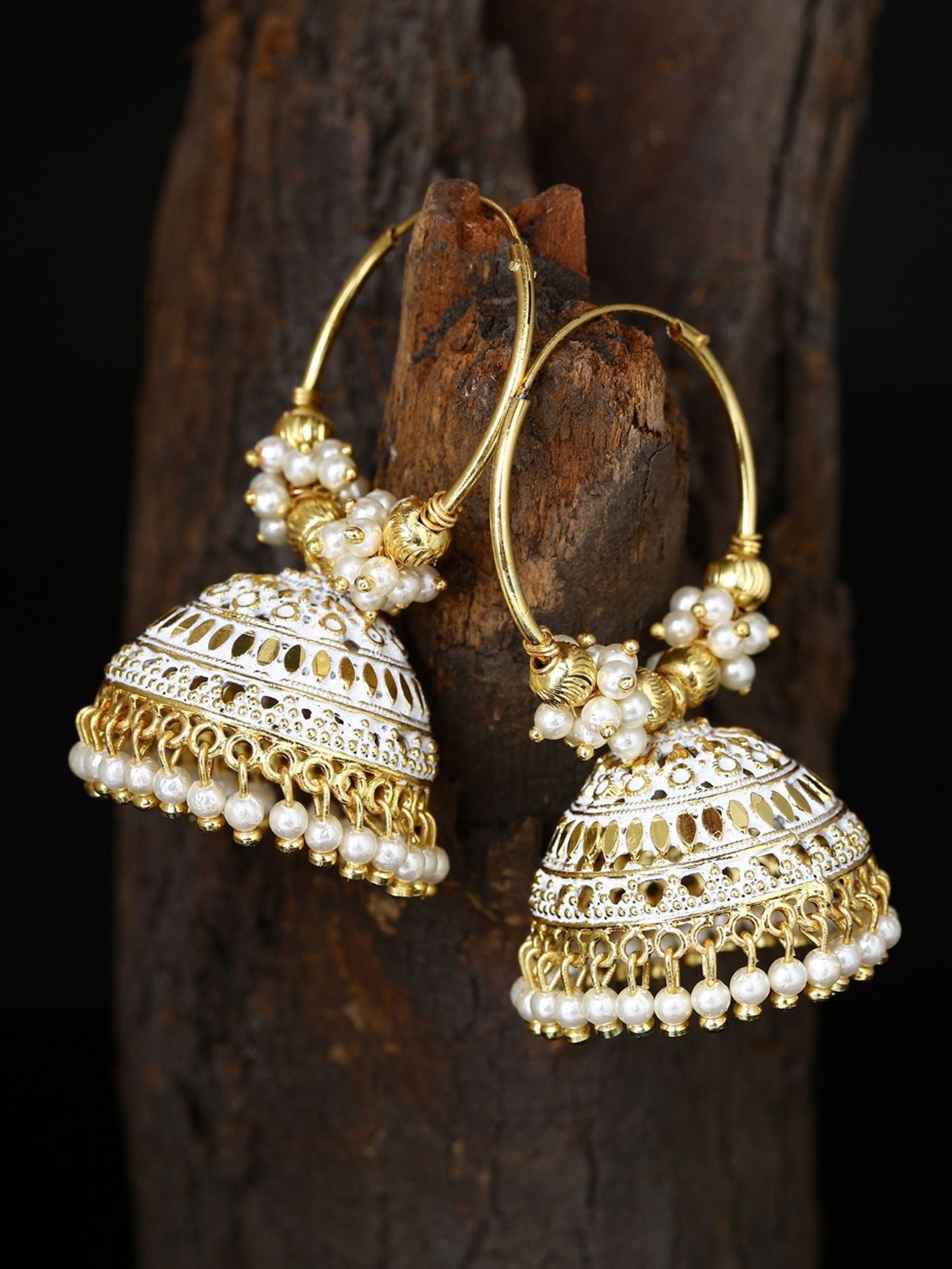Women's White & Gold-Plated Enamelled Dome Shaped Jhumkas