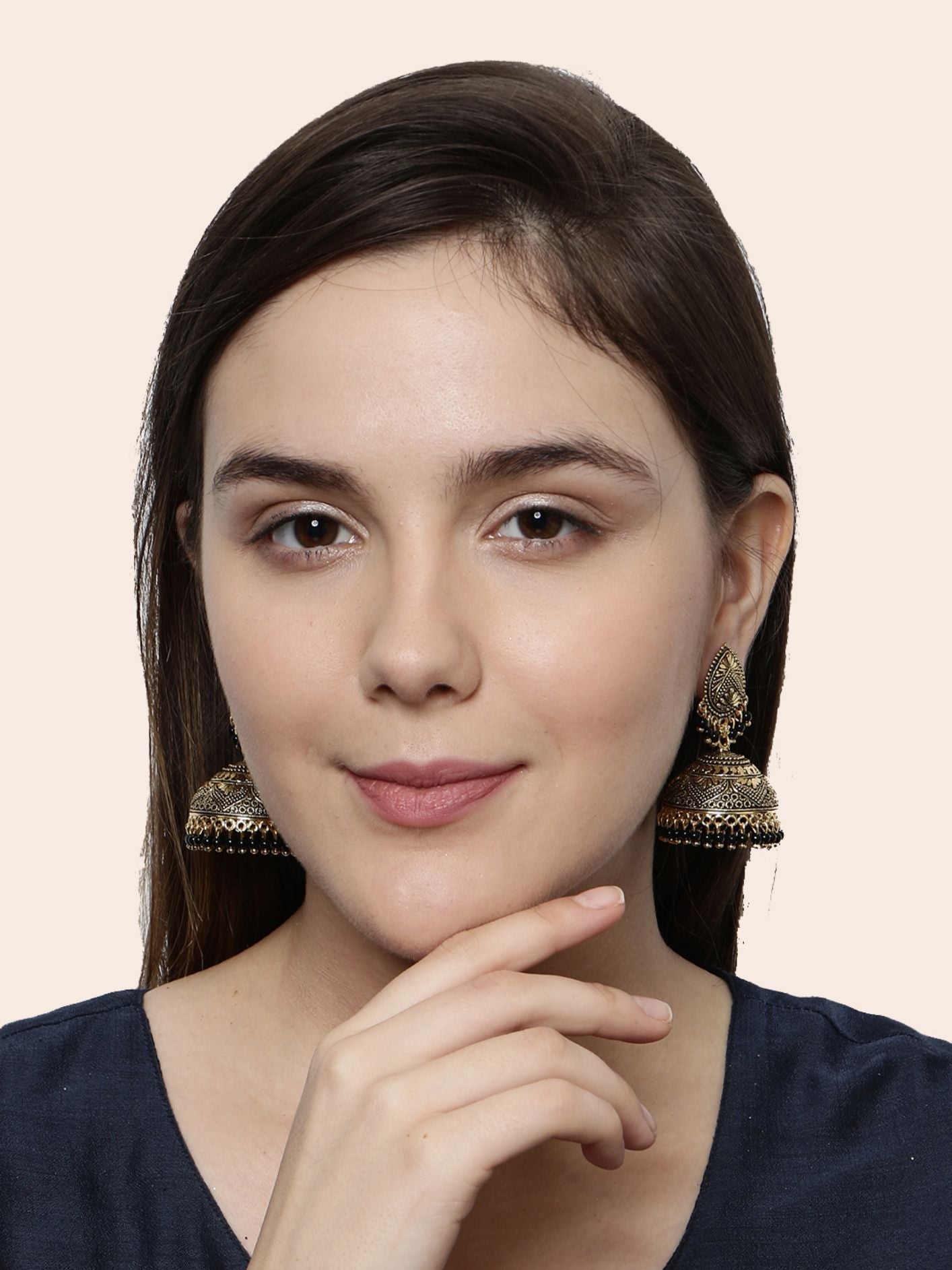 Women's Gold Plated & Black Enamelled Dome Shaped Jhumkas