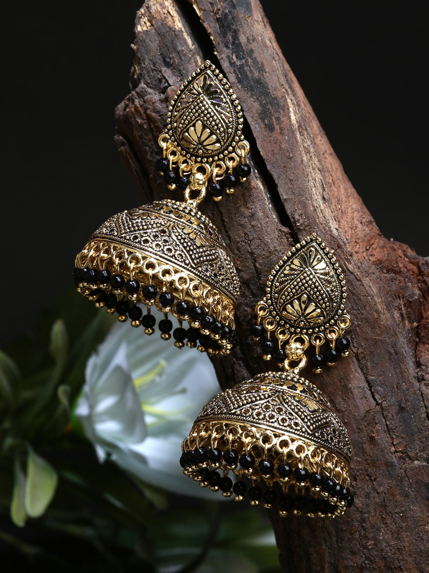 Women's Gold Plated & Black Enamelled Dome Shaped Jhumkas - Anikas Creation