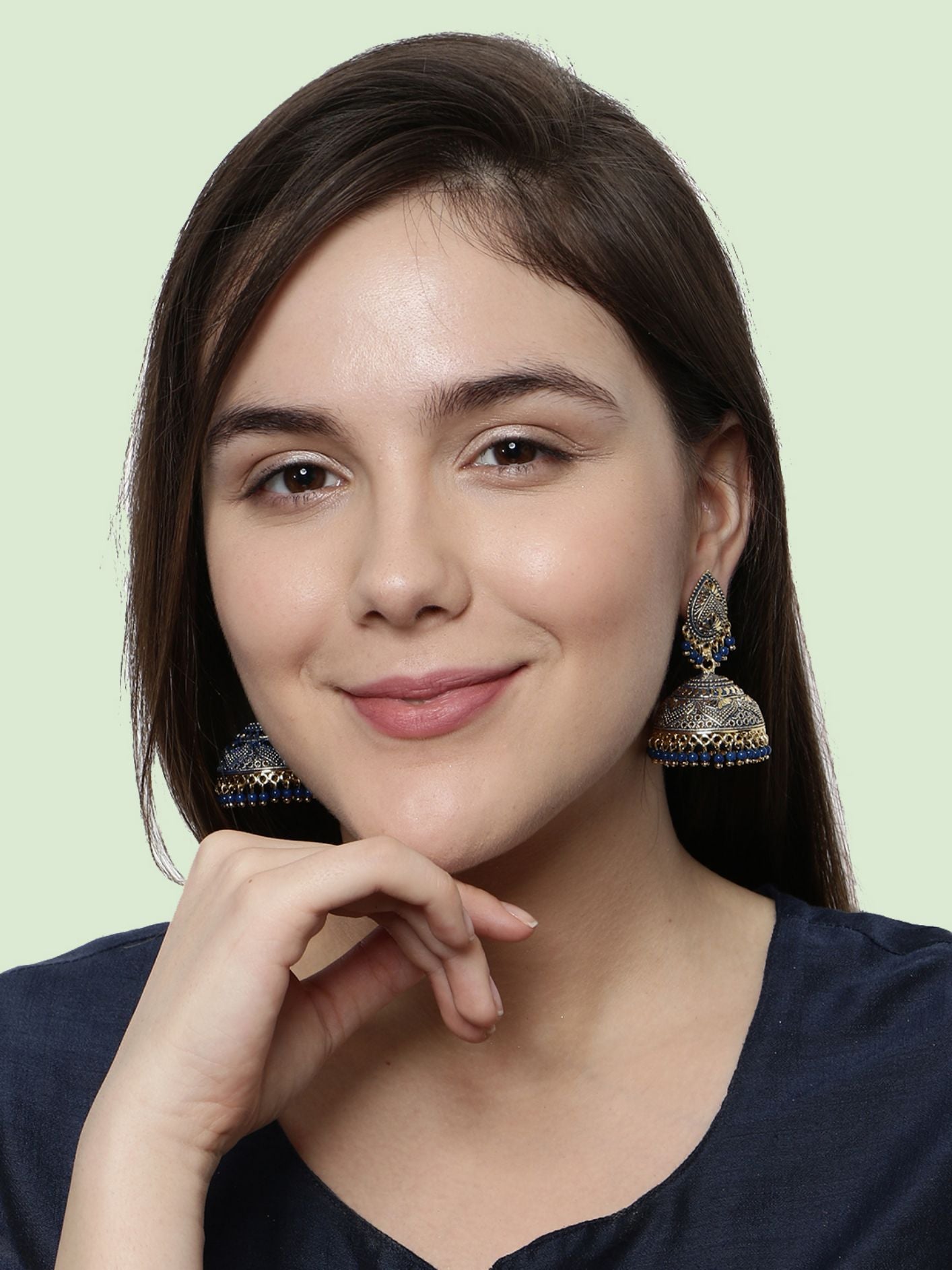 Women's Gold Plated & Blue Dome Shaped Enamelled Jhumkas