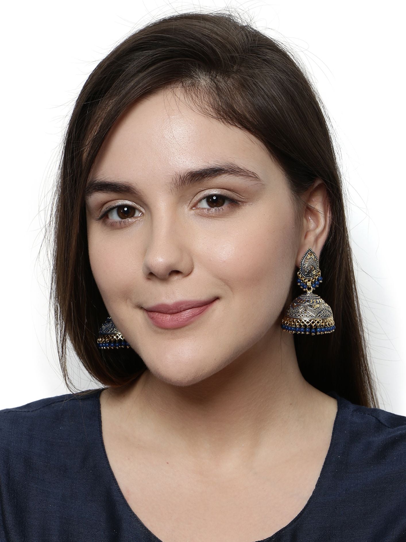 Women's Gold Plated & Blue Dome Shaped Enamelled Jhumkas