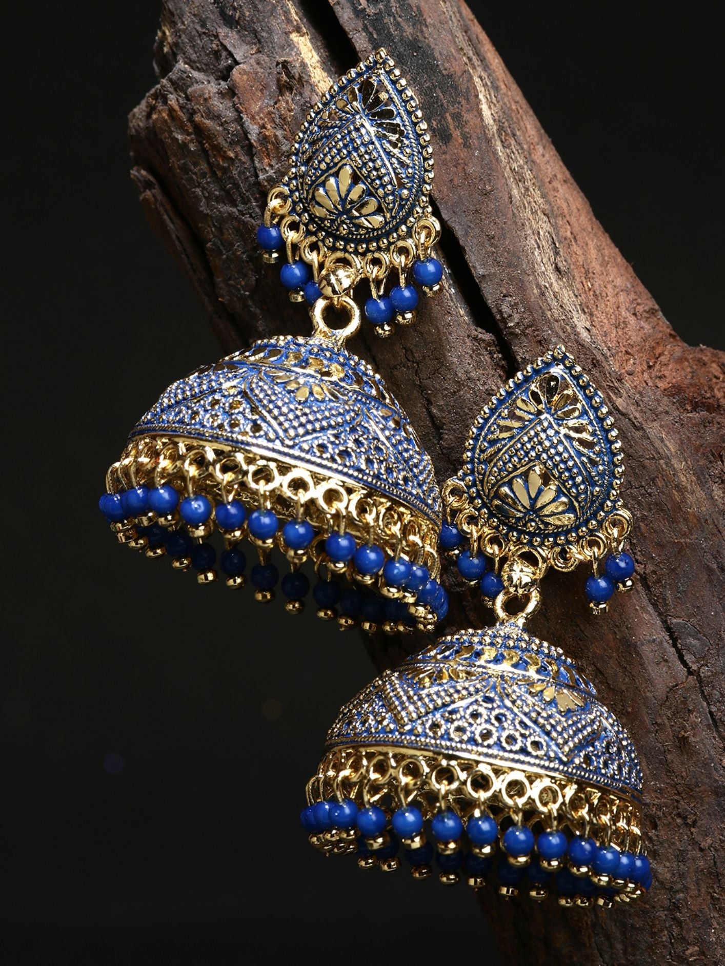 Women's Gold Plated & Blue Dome Shaped Enamelled Jhumkas