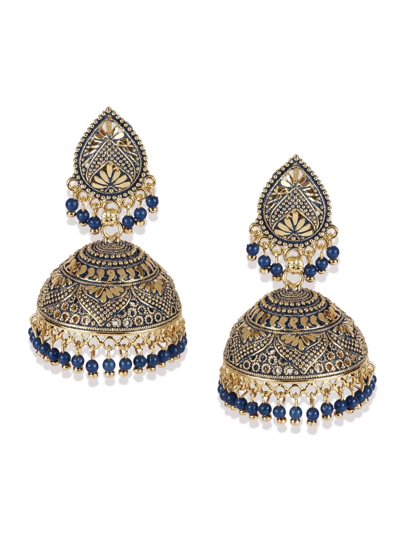 Women's Gold Plated & Blue Dome Shaped Enamelled Jhumkas