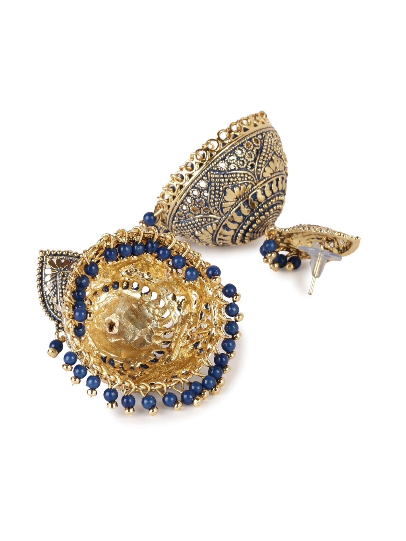 Women's Gold Plated & Blue Dome Shaped Enamelled Jhumkas