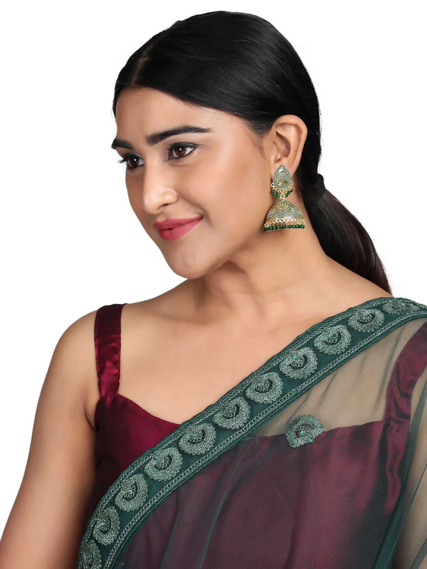 Women's Dazzling Gold Plated Traditional Green Brass Enamelled Dome Shaped Jhumka Earring