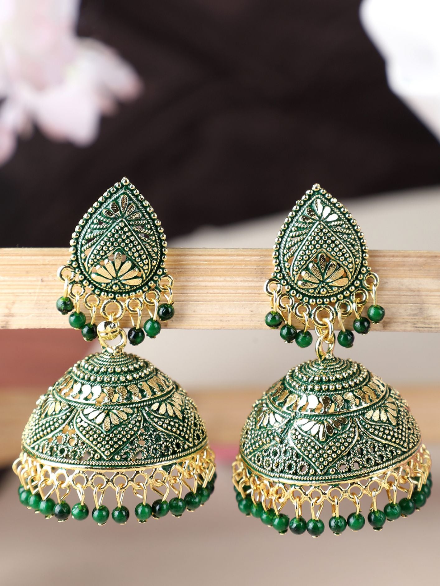 Women's Dazzling Gold Plated Traditional Green Brass Enamelled Dome Shaped Jhumka Earring - Anikas Creation