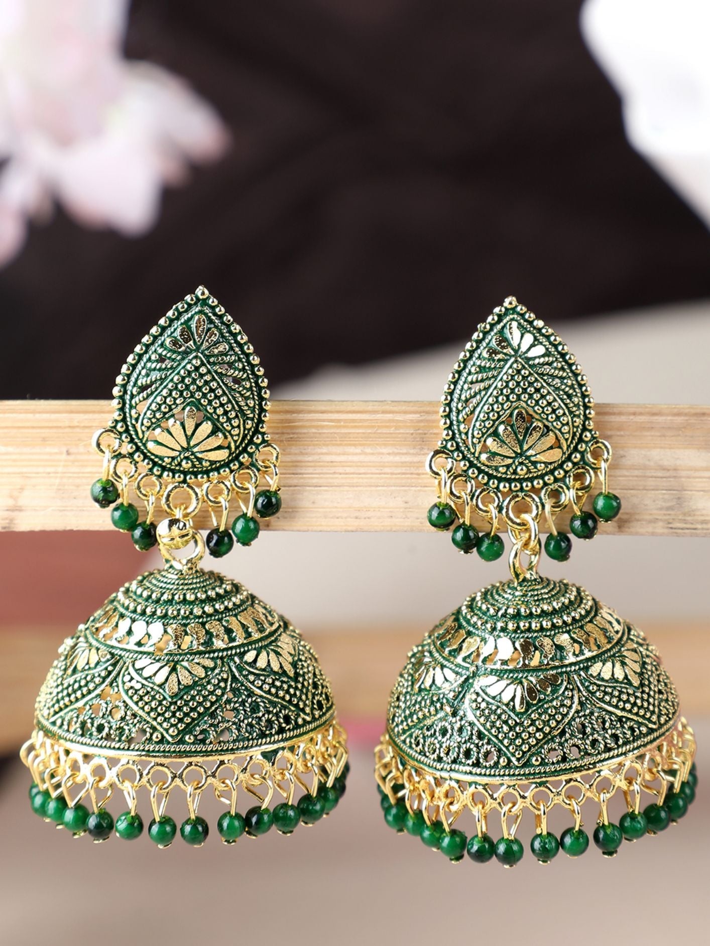 Women's Dazzling Gold Plated Traditional Green Brass Enamelled Dome Shaped Jhumka Earring