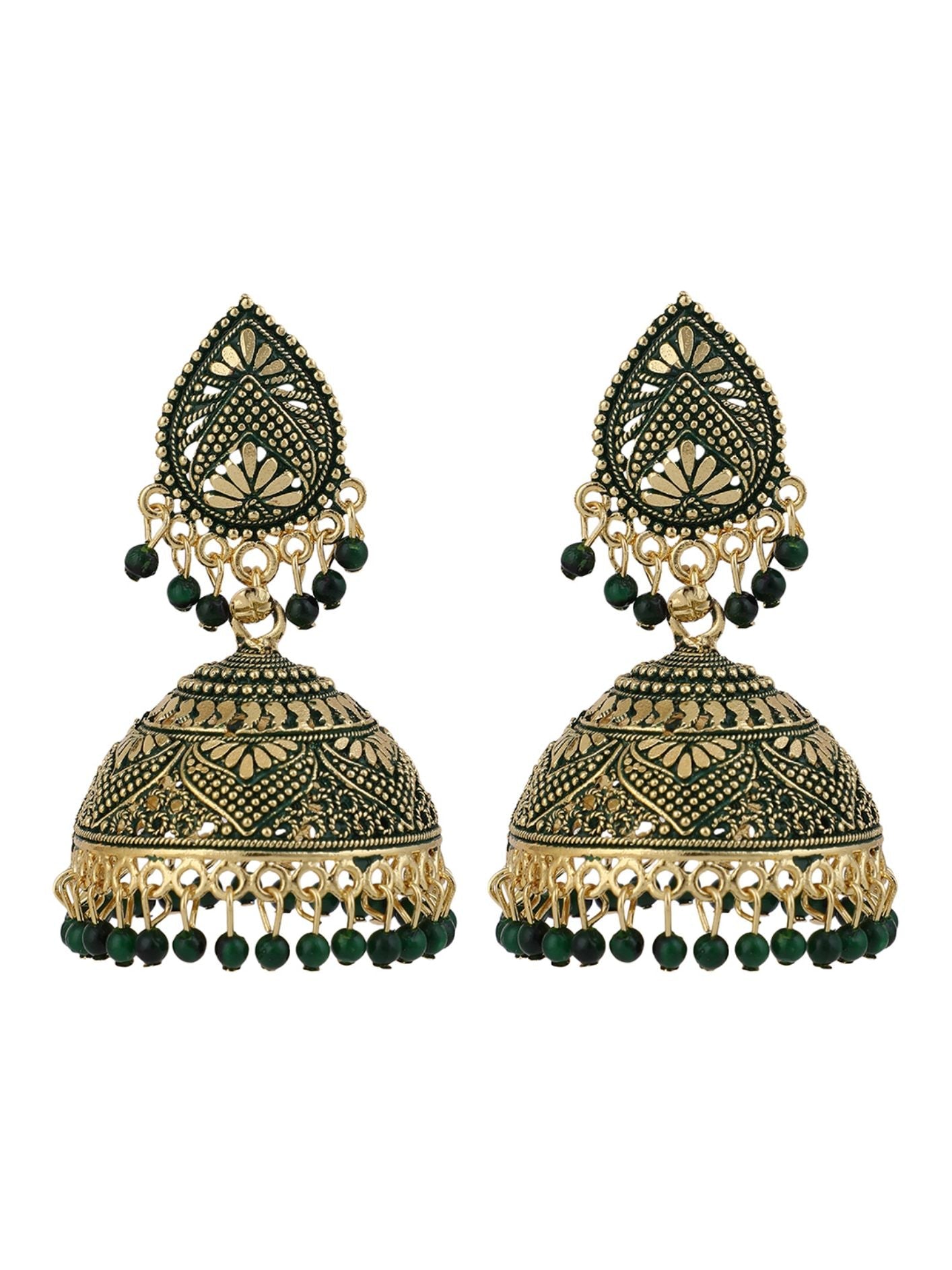 Women's Dazzling Gold Plated Traditional Green Brass Enamelled Dome Shaped Jhumka Earring