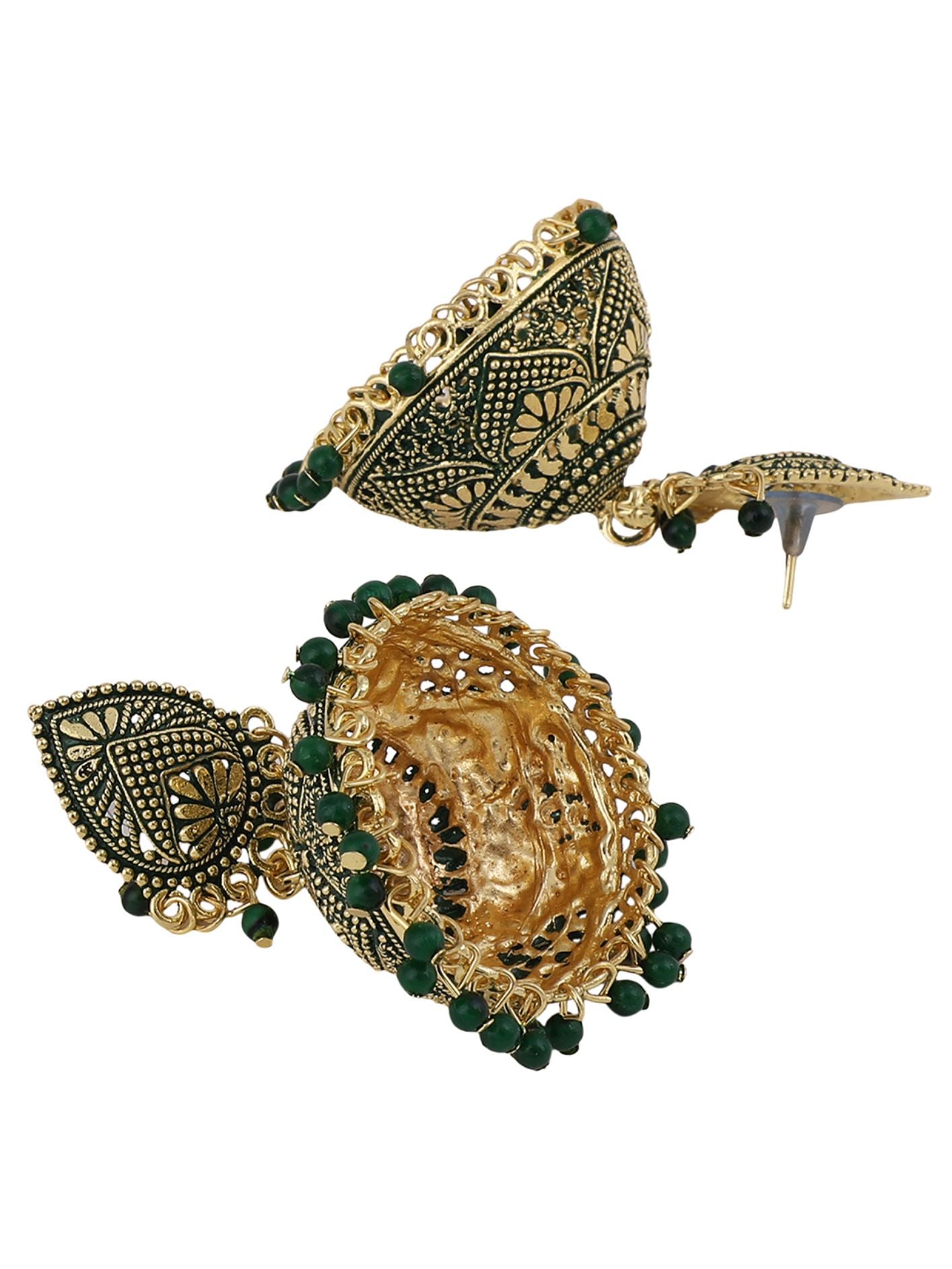 Women's Dazzling Gold Plated Traditional Green Brass Enamelled Dome Shaped Jhumka Earring