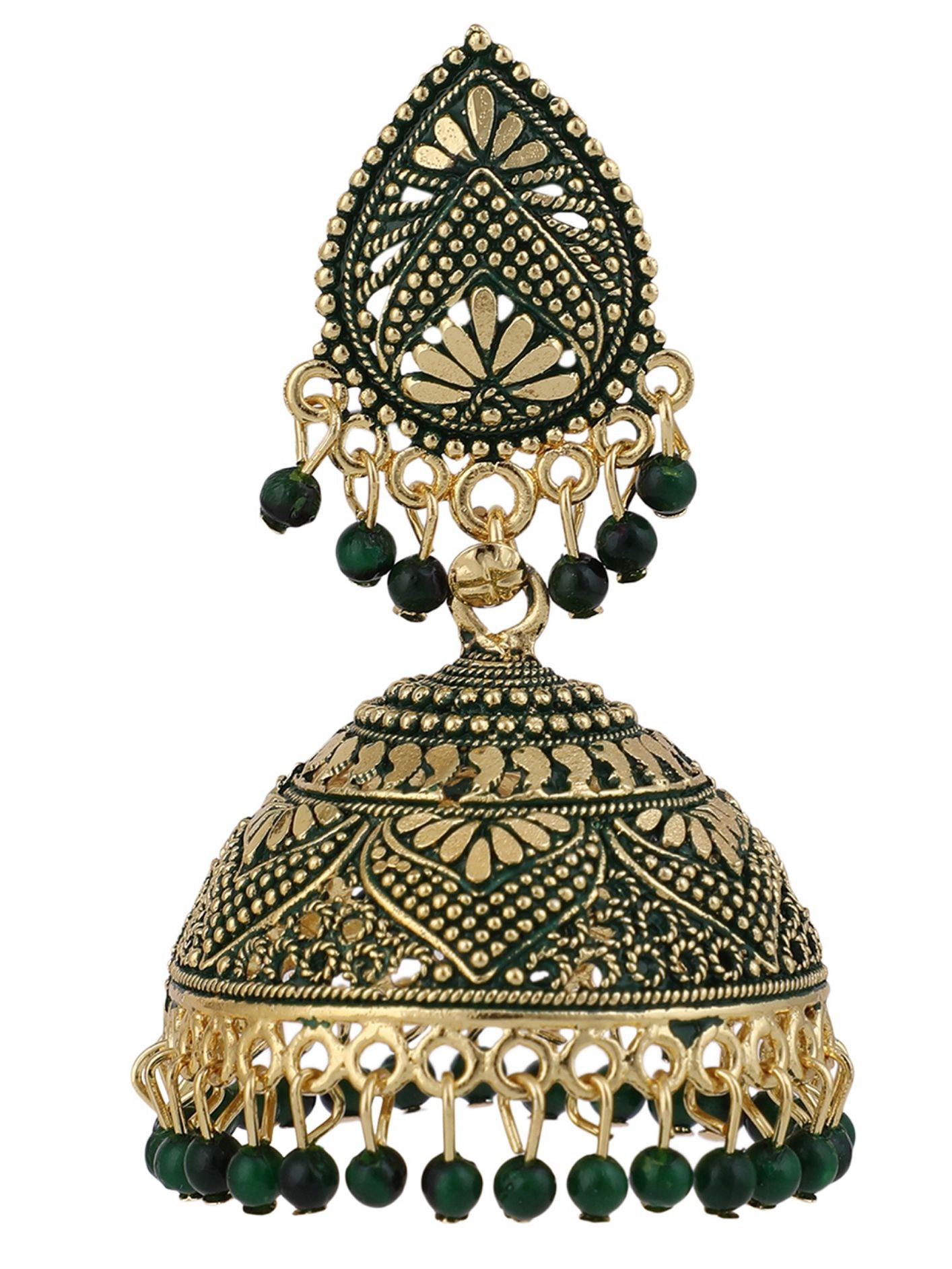 Women's Dazzling Gold Plated Traditional Green Brass Enamelled Dome Shaped Jhumka Earring - Anikas Creation