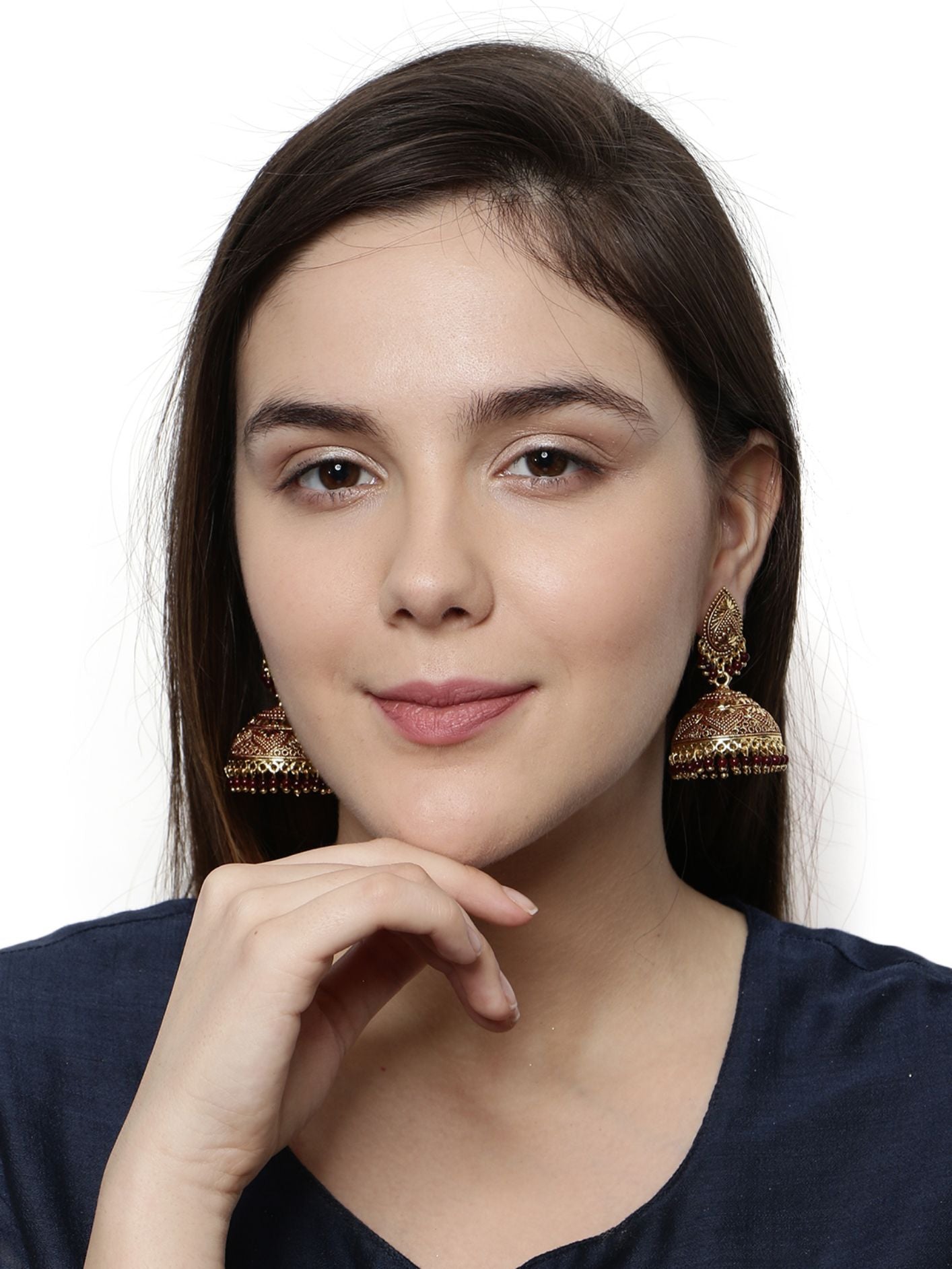 Women's Gold Plated & Maroon Dome Shaped Enamelled Jhumkas