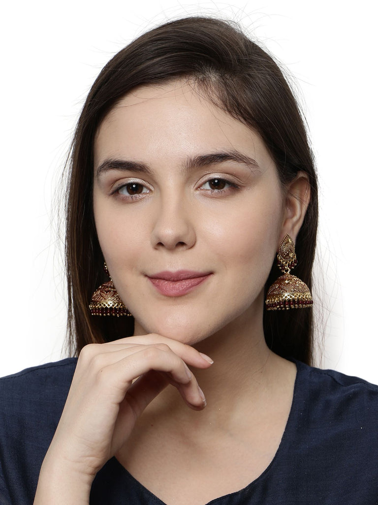 Women's Gold Plated & Maroon Dome Shaped Enamelled Jhumkas