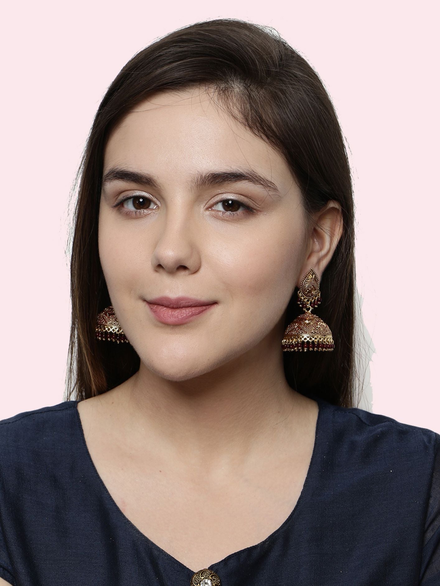 Women's Gold Plated & Maroon Dome Shaped Enamelled Jhumkas