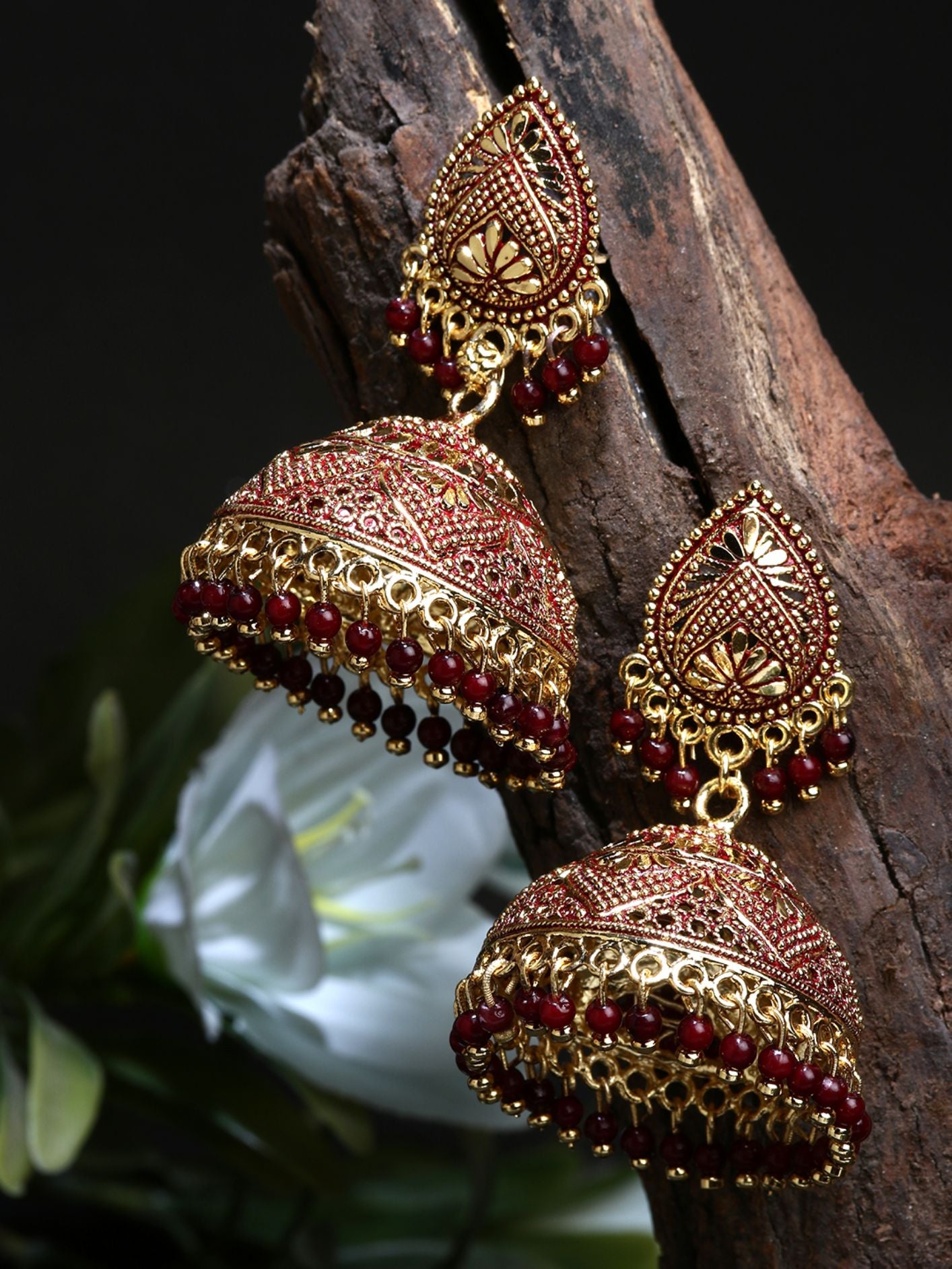 Women's Gold Plated & Maroon Dome Shaped Enamelled Jhumkas - Anikas Creation